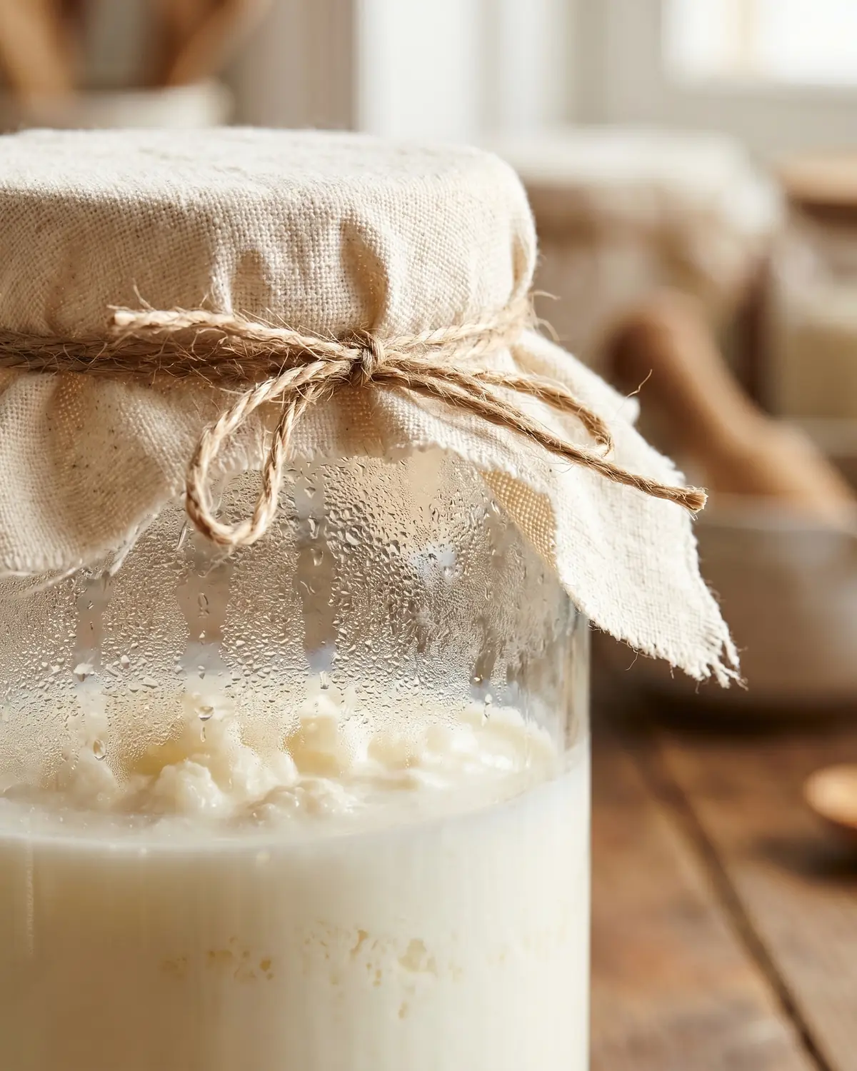 kéfir conservation Gros plan d’un tissu de coton noué sur un bocal de kéfir, avec le lait blanc visible à travers le verre.