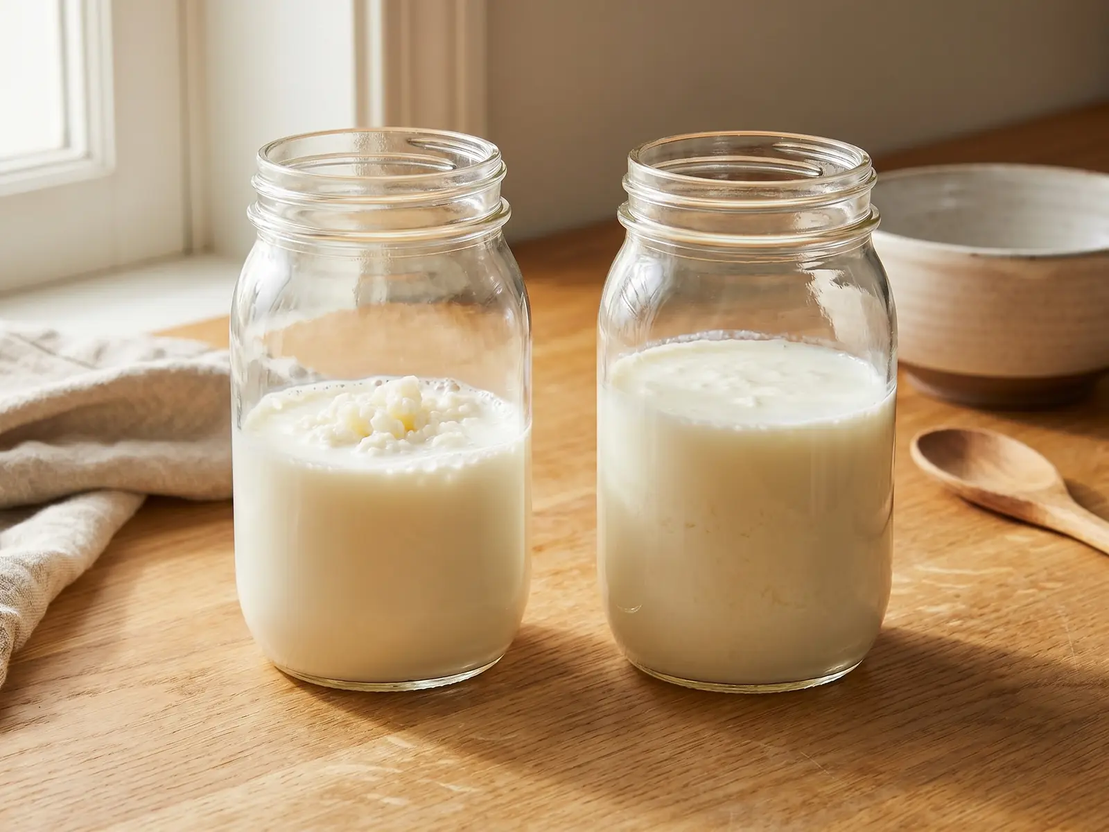 kefir utilisation Deux bocaux montrant du lait avec grains de kéfir et une boisson fermentée prête à filtrer.