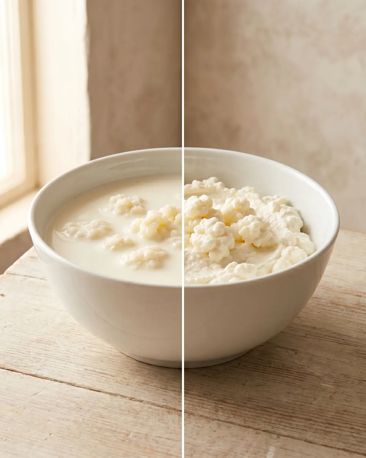 Deux bols en c&eacute;ramique blanche montrent un k&eacute;fir fluide et un k&eacute;fir &eacute;goutt&eacute; &agrave; la texture plus dense
