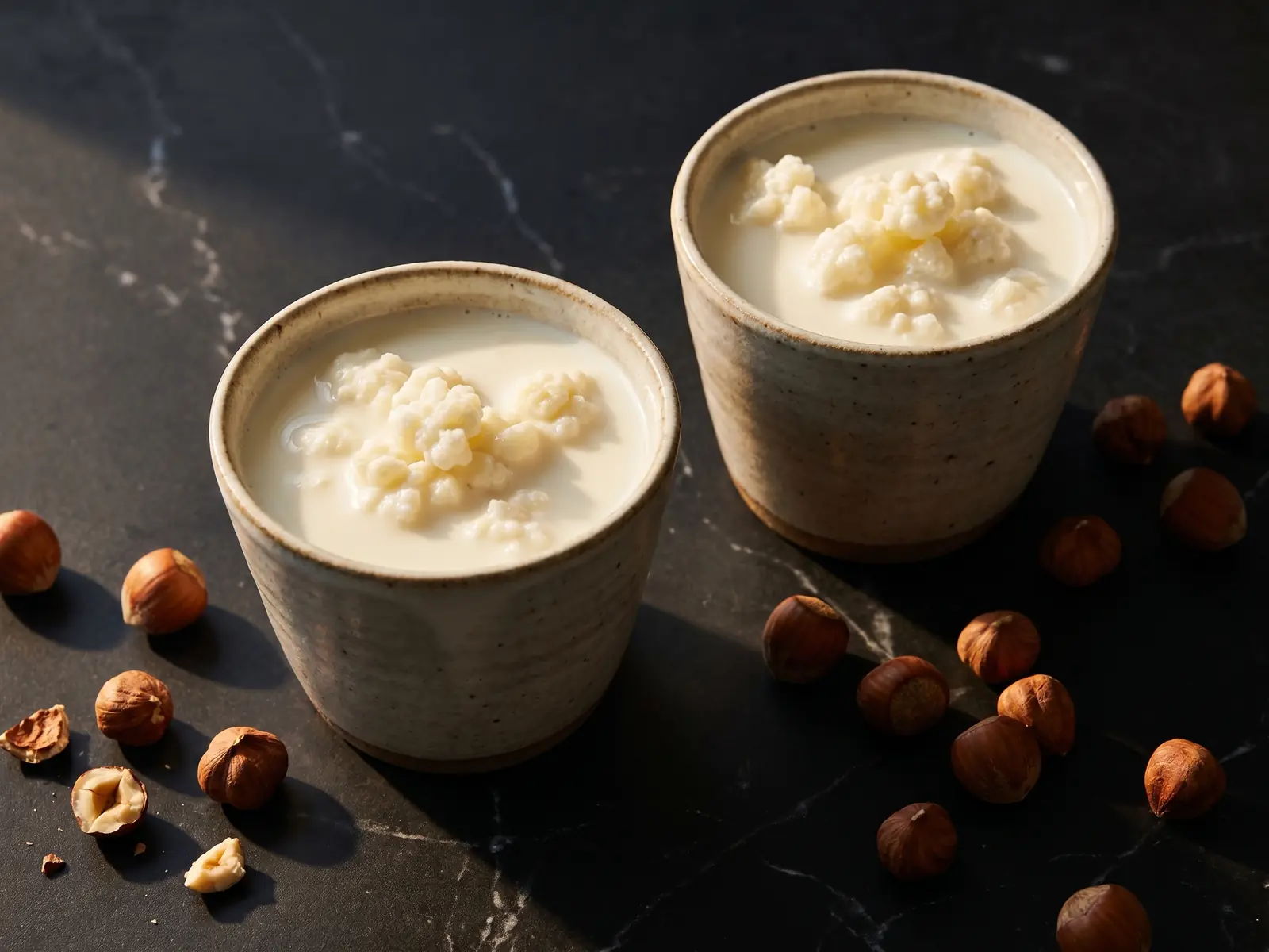 kefir diarrhée Deux tasses de kéfir de lait sur marbre noir mat, avec des noisettes et une lumière naturelle contrastée.