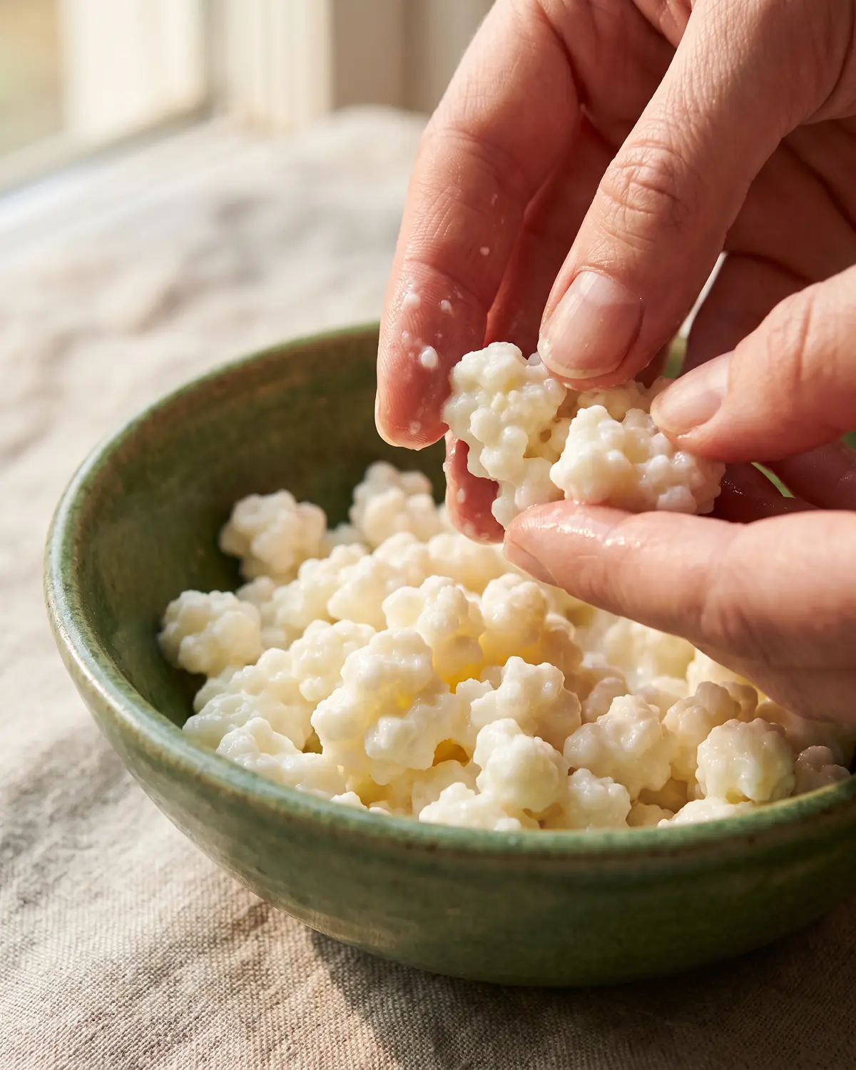 Doigts s&eacute;parant des grains de k&eacute;fir brillants dans un bol vert, avec un tissu de lin flou en arri&egrave;re-plan