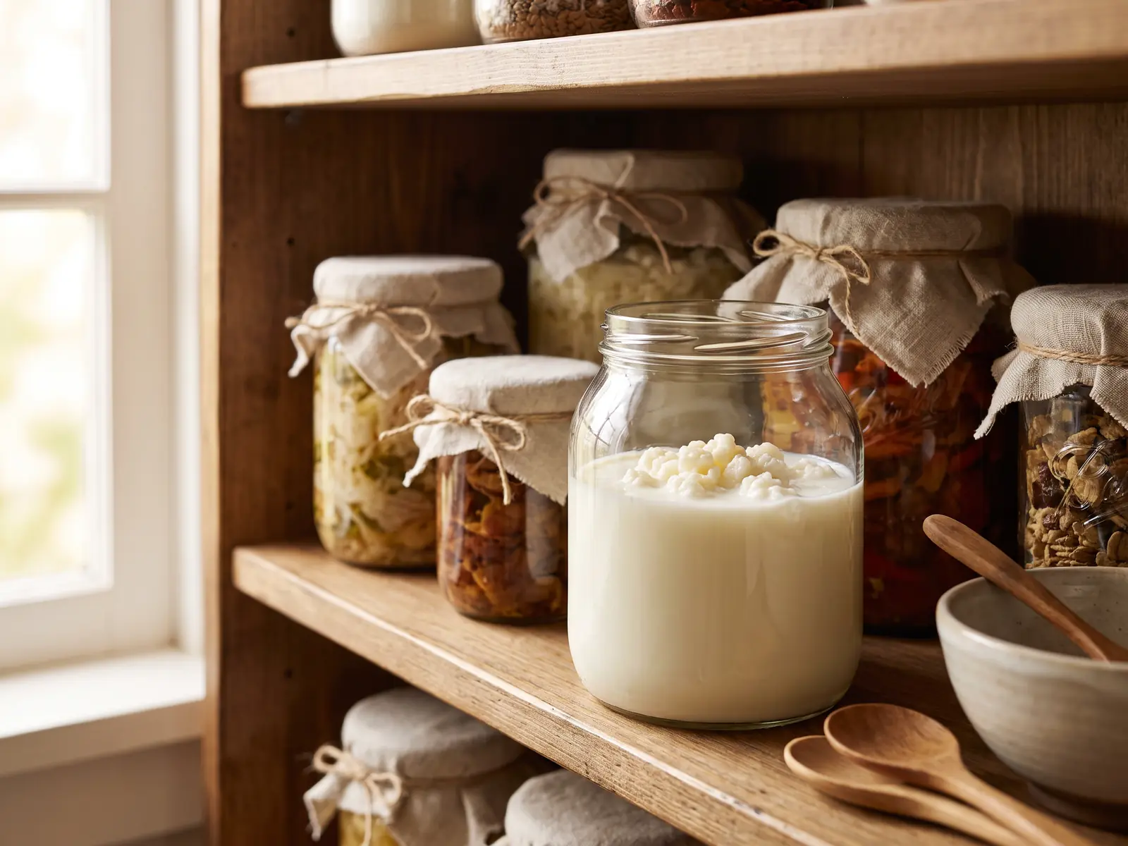 &Eacute;tag&egrave;re avec bocaux de k&eacute;fir de lait, dont un ouvert montrant des grains blanc cr&egrave;me dans le lait.