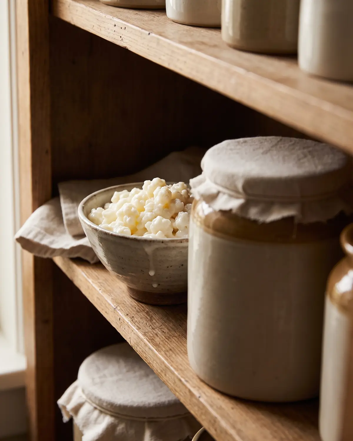 &Eacute;tag&egrave;re &eacute;troite avec un bocal couvert et un bol de grains de k&eacute;fir dans une ombre douce.