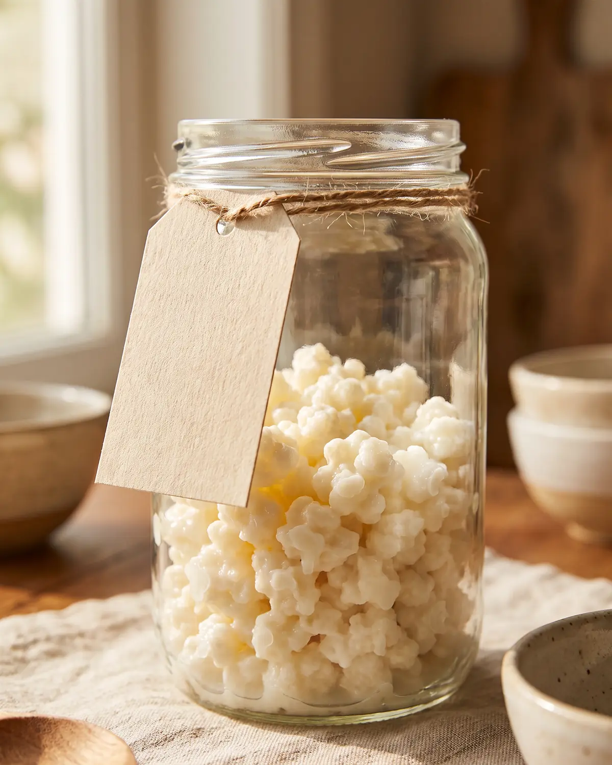 Bocal de k&eacute;fir de lait avec &eacute;tiquette en papier, grains flous visibles derri&egrave;re le verre.