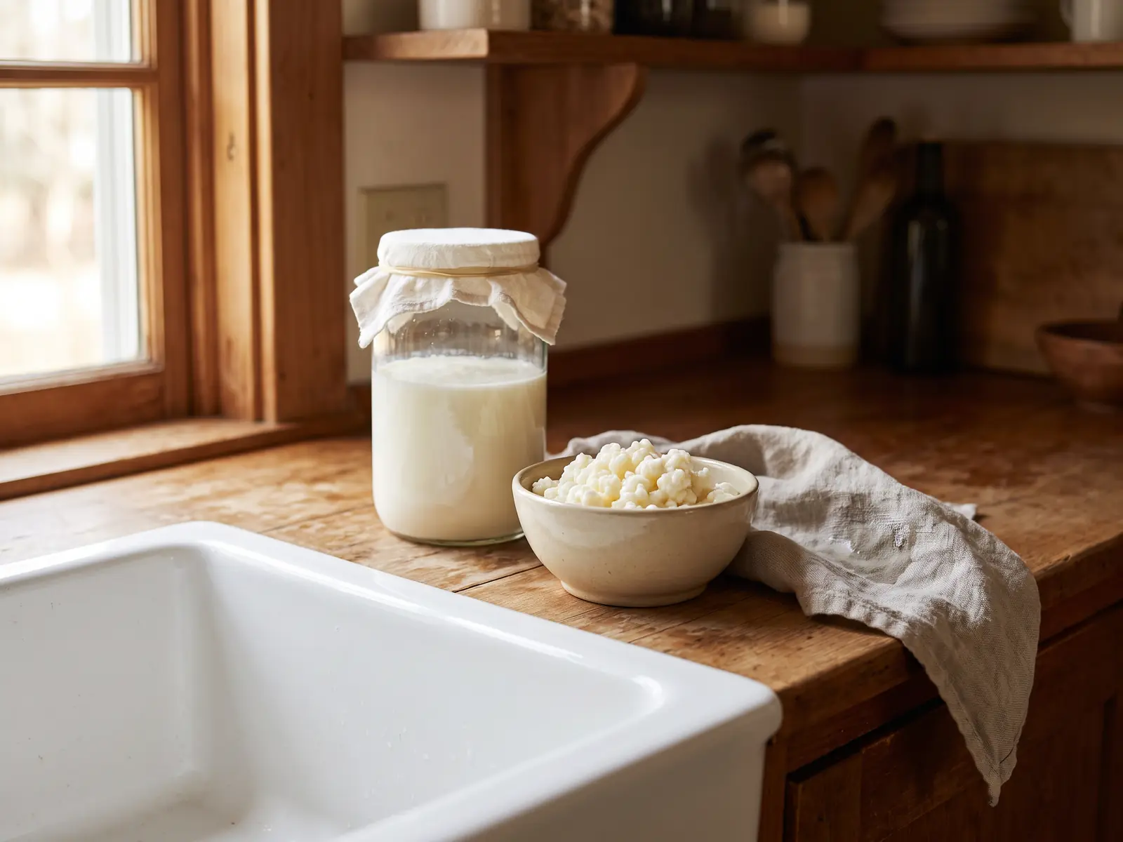 Bocal de k&eacute;fir en fermentation pr&egrave;s d&rsquo;un &eacute;vier, avec grains dans un bol beige et linge humide.