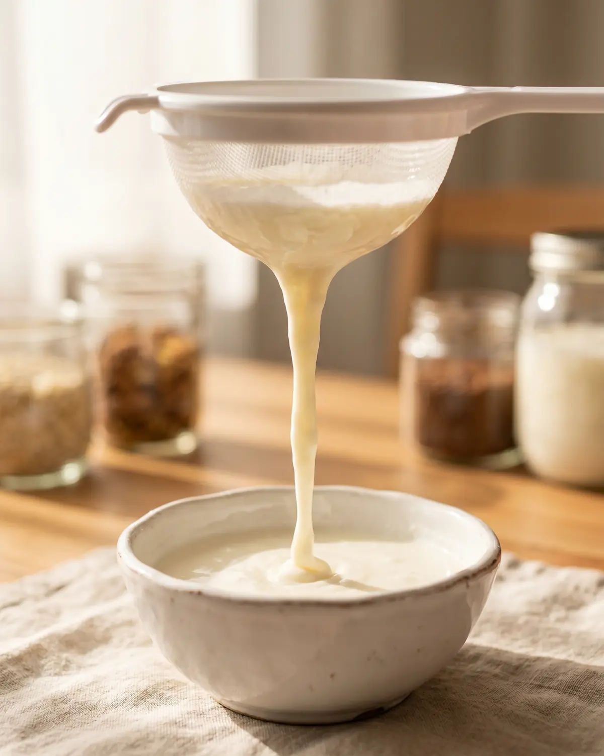 ou trouver du kefir Kéfir de lait épais filtré dans un tamis blanc et versé en ruban dans un bol en céramique.
