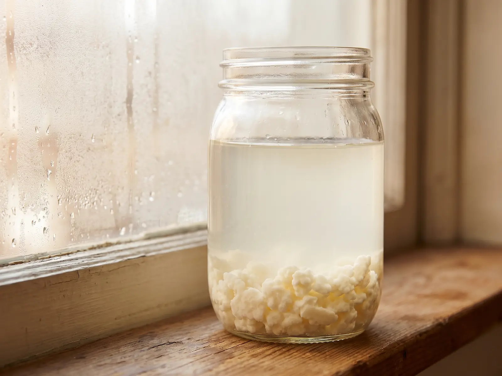 Bocal de k&eacute;fir de lait pr&egrave;s d&rsquo;une fen&ecirc;tre embu&eacute;e, avec des grains visibles coll&eacute;s au fond du verre.