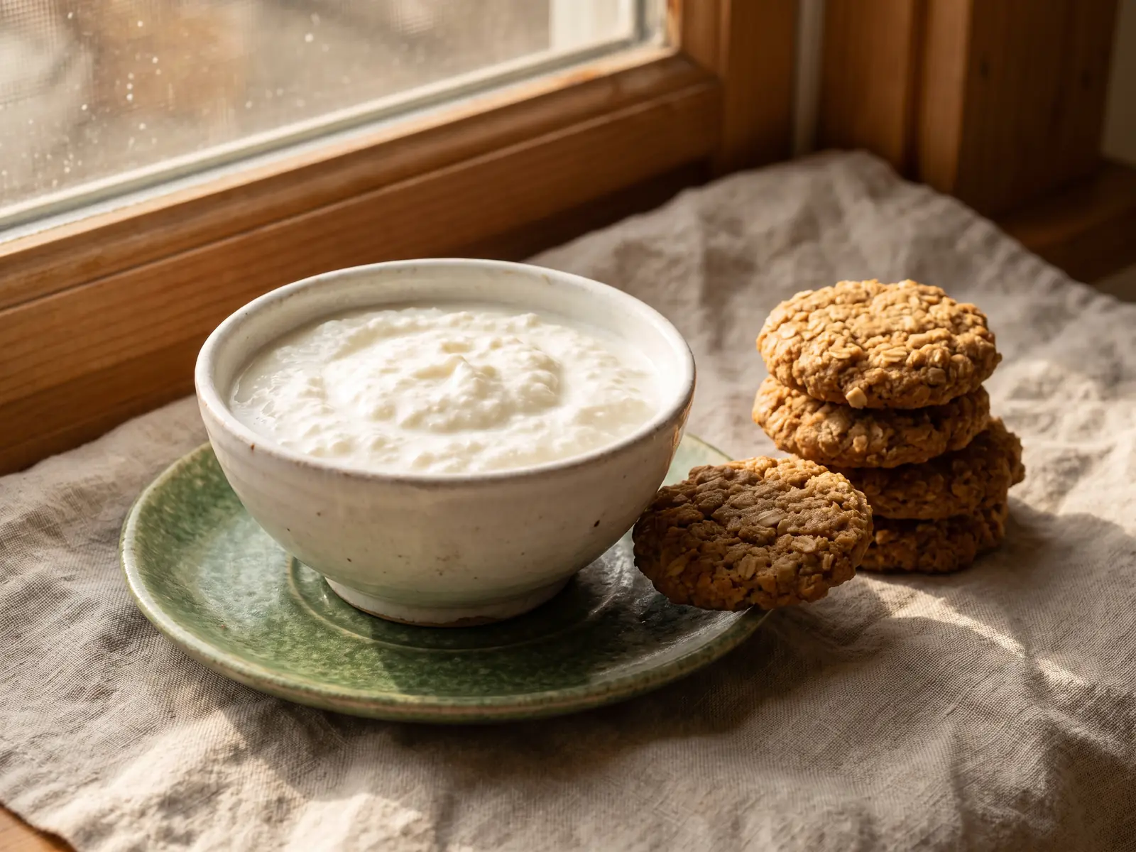 Go&ucirc;ter maison avec k&eacute;fir nature, biscuits d&rsquo;avoine et vaisselle verte pr&egrave;s d&rsquo;une fen&ecirc;tre chaleureuse.