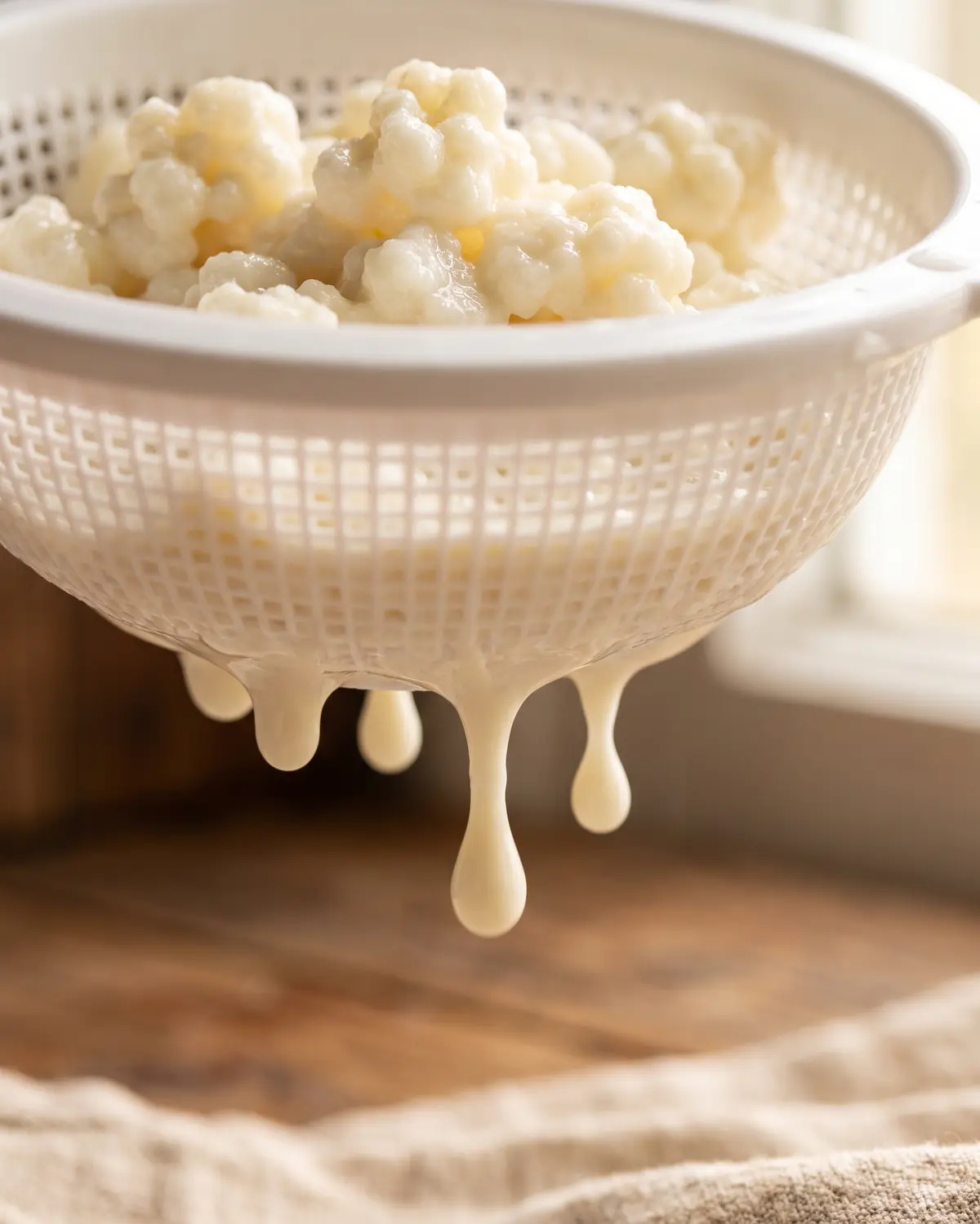 Gouttes &eacute;paisses sous un tamis blanc, avec des grains de k&eacute;fir flous visibles sur le dessus