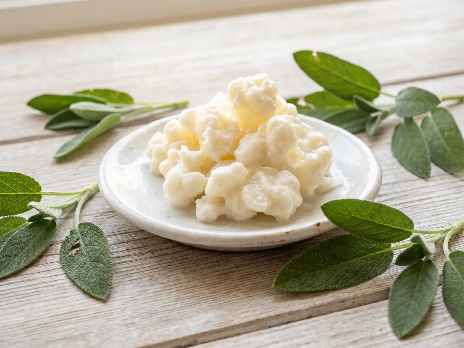 kefir a jeun Grains de kéfir irréguliers dans un plat blanc, avec feuilles de sauge sur une table en bois clair.