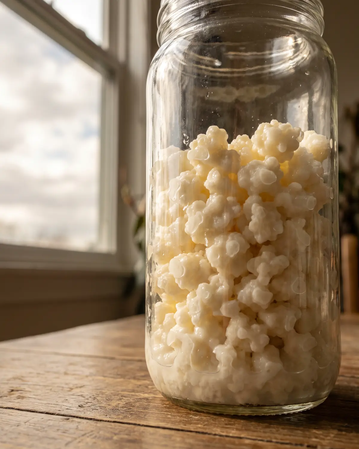 Bocal haut de grains de k&eacute;fir pos&eacute; sur une table, vu en contre-plong&eacute;e devant une fen&ecirc;tre grise.