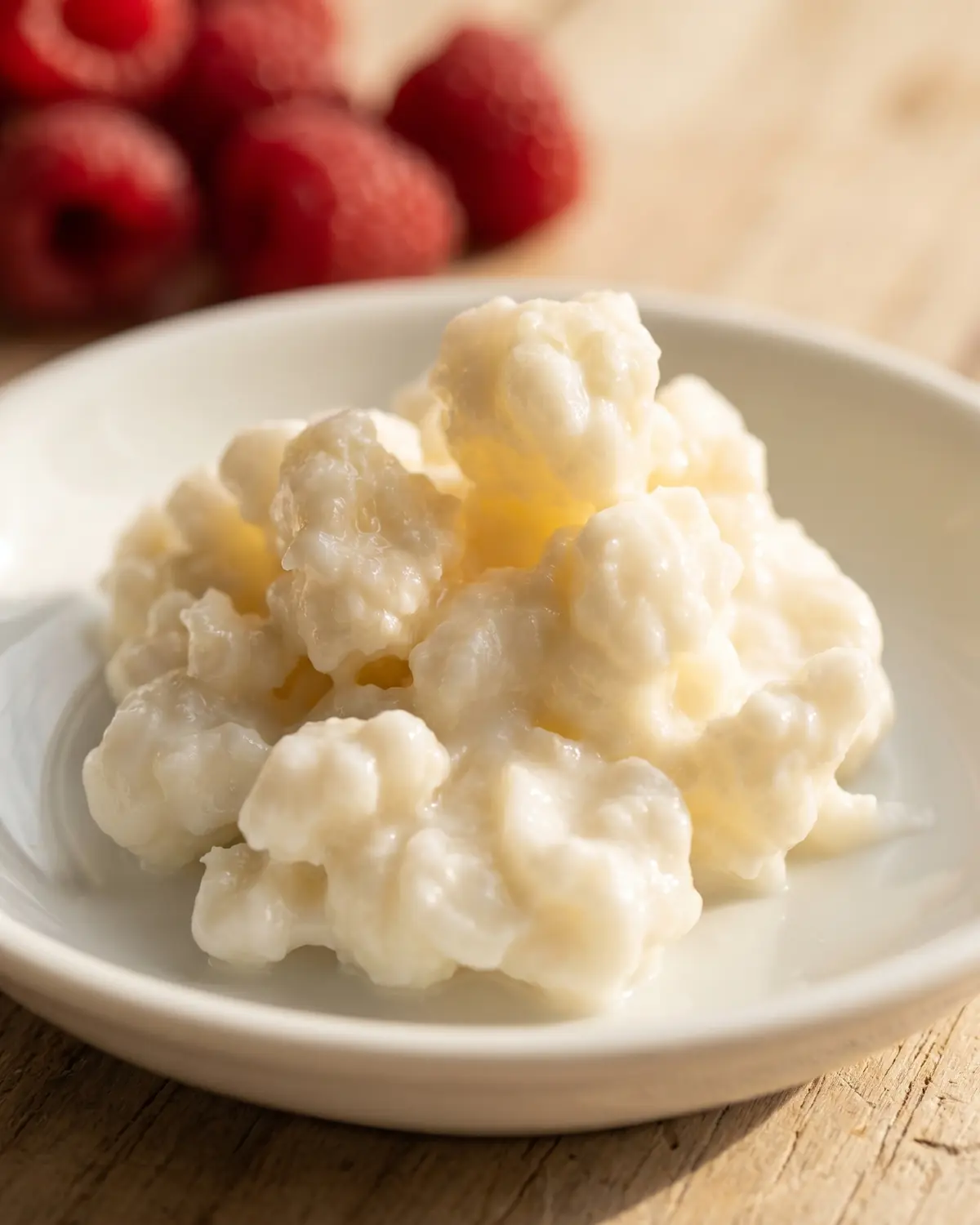 Grains de k&eacute;fir pos&eacute;s sur un petit plat blanc, avec des framboises floues en arri&egrave;re-plan.