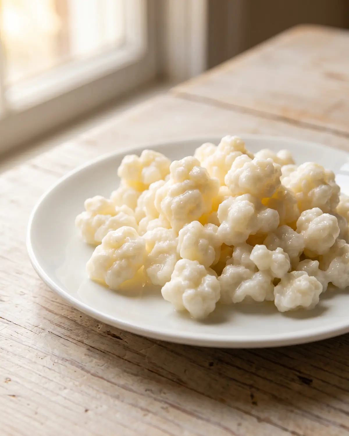 kéfir danger Grains de kéfir posés sur un petit plat blanc, avec des framboises floues en arrière-plan.