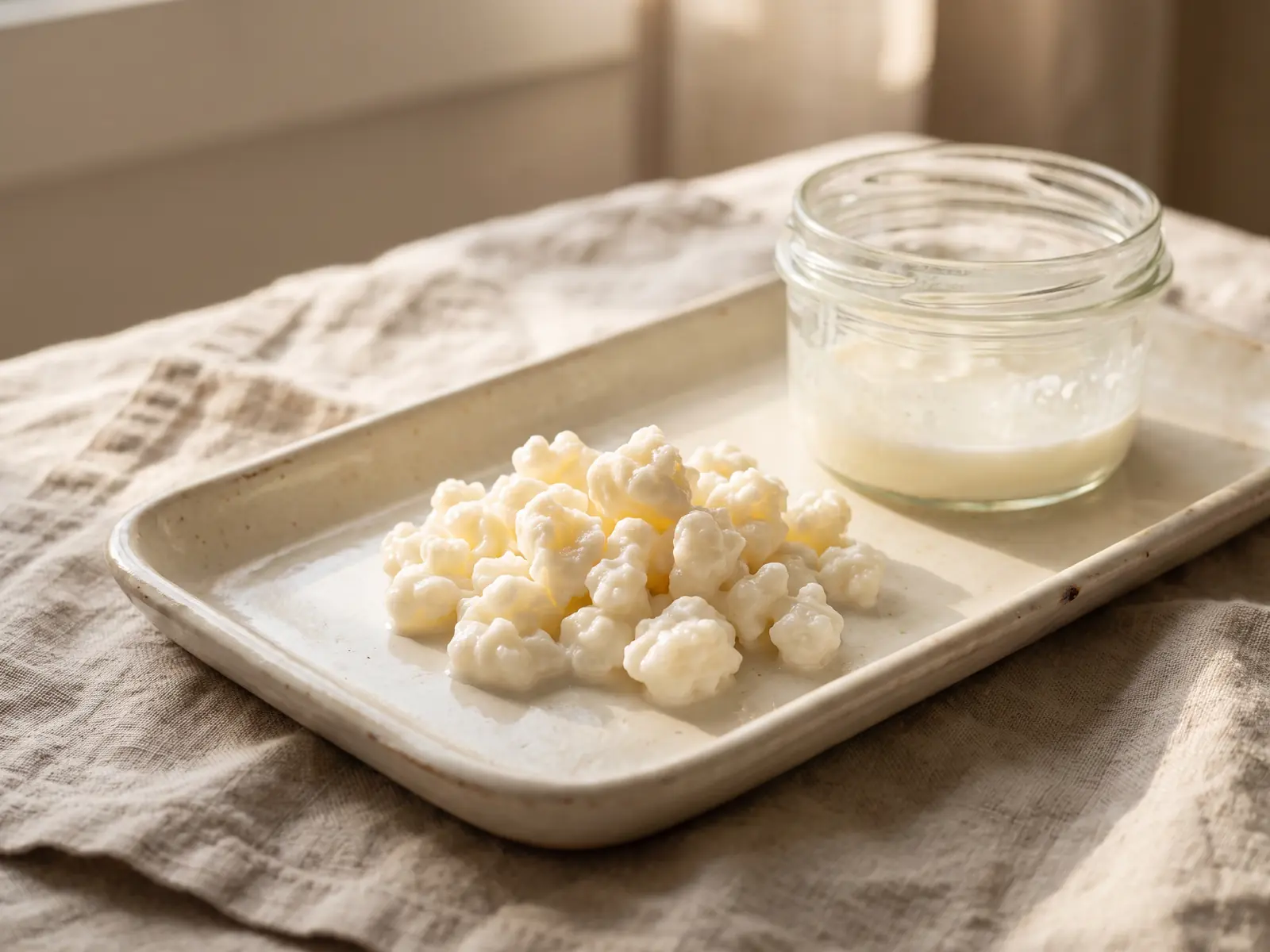 Grains de k&eacute;fir de lait regroup&eacute;s sur un plateau en c&eacute;ramique avec un pot ouvert pos&eacute; sur du lin.