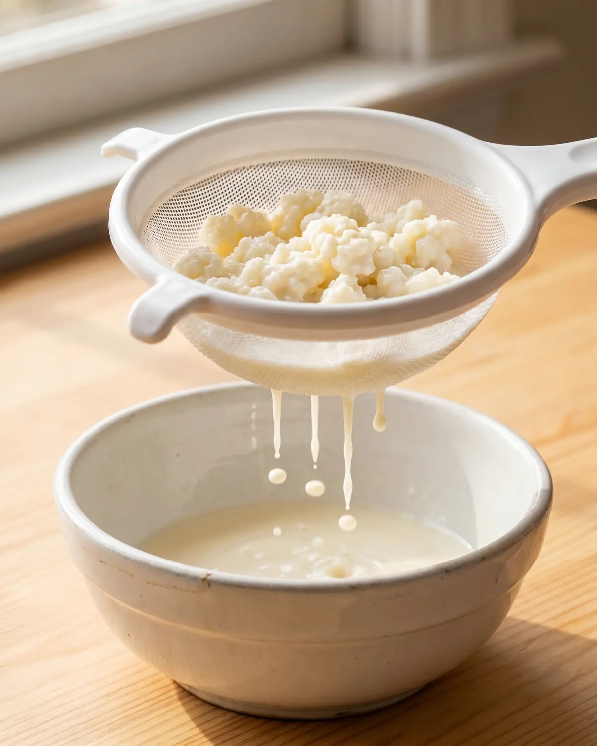 kefir propriete Grains de kéfir de lait égouttés dans une passoire blanche, avec une goutte tombant dans un bol.