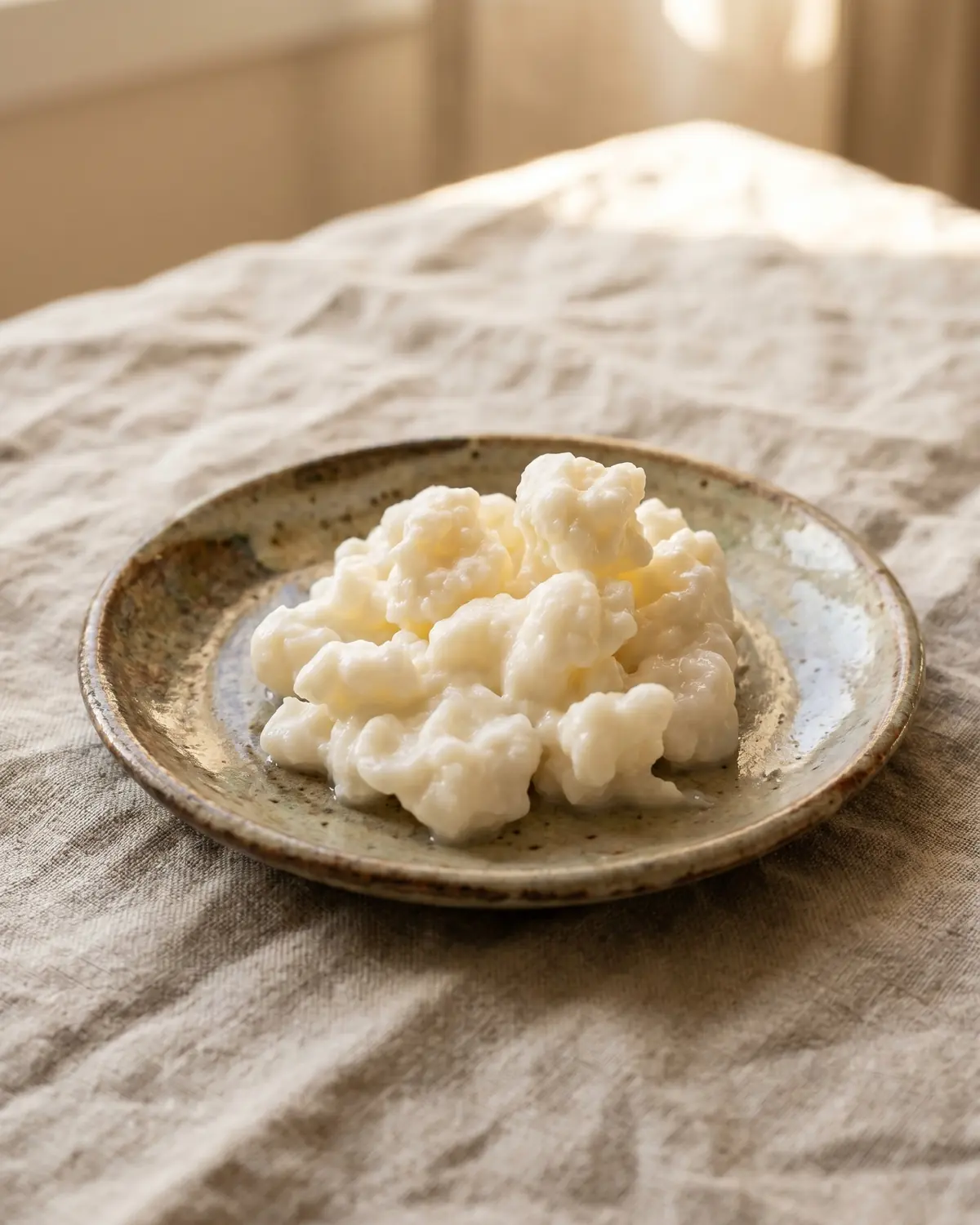 Grains de k&eacute;fir de lait irr&eacute;guliers pos&eacute;s sur une assiette en c&eacute;ramique pr&egrave;s d&rsquo;un linge naturel.