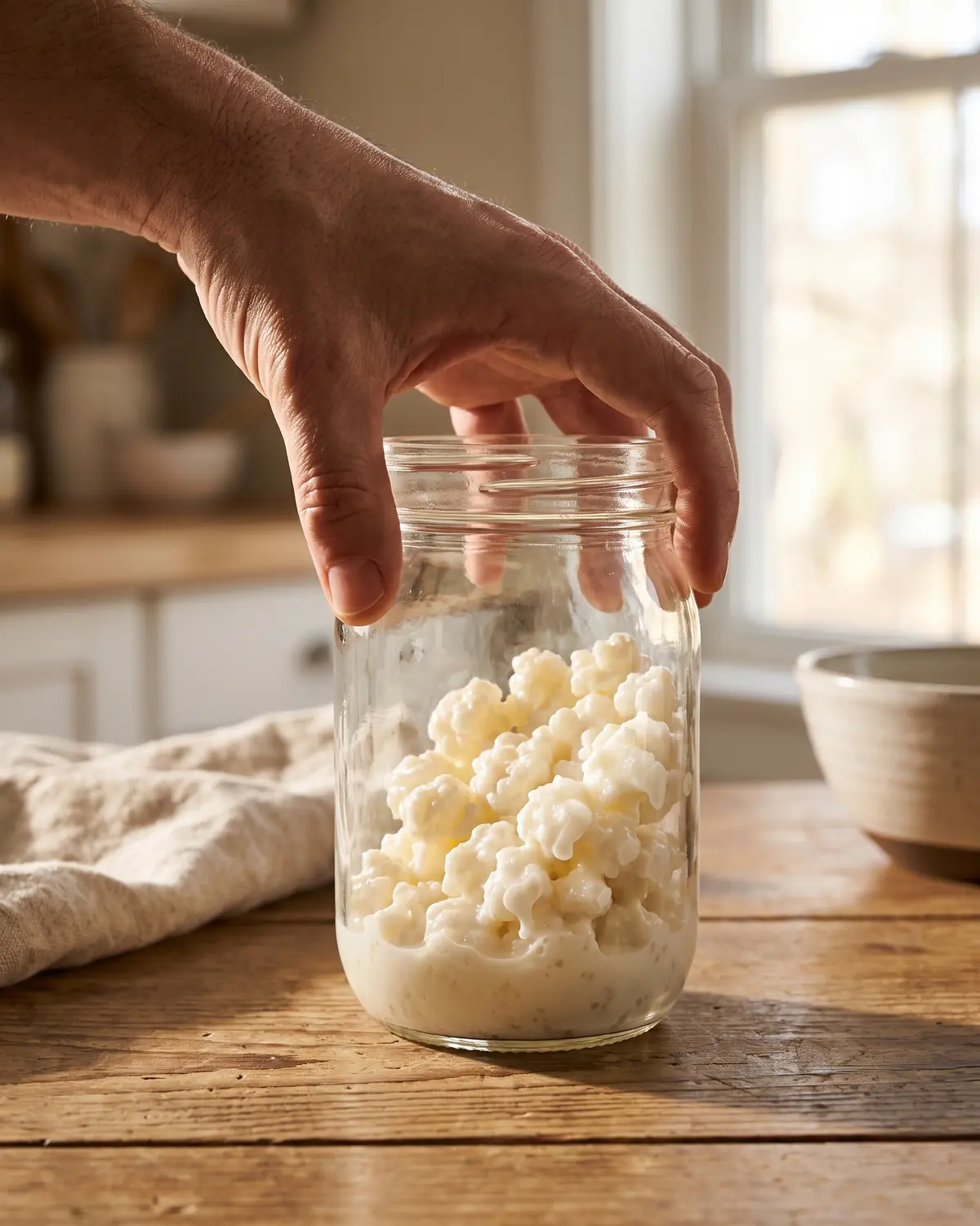lait jument fermenté Une main incline un bocal de lait fermenté, où les grains roulent contre le verre couvert de crème.