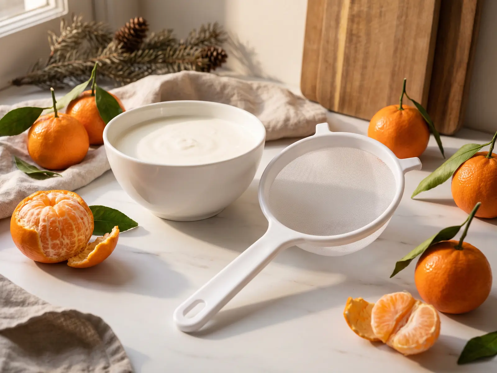 K&eacute;fir filtr&eacute; dans un bol avec passoire blanche propre, clementines et d&eacute;cor hivernal sur marbre mat