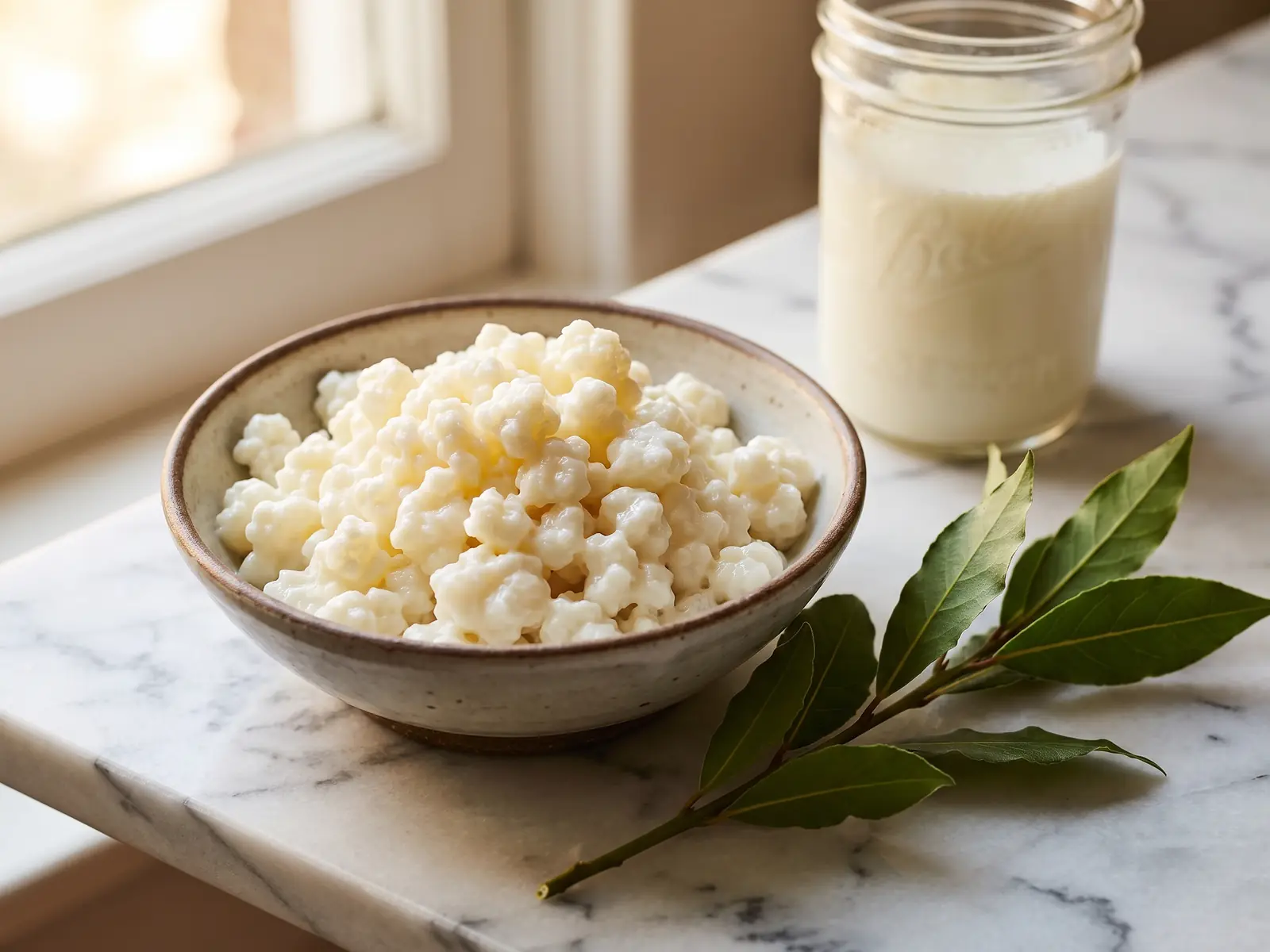 Grains de k&eacute;fir et bocal cr&eacute;meux sur marbre blanc, avec une branche de laurier frais en premier plan.