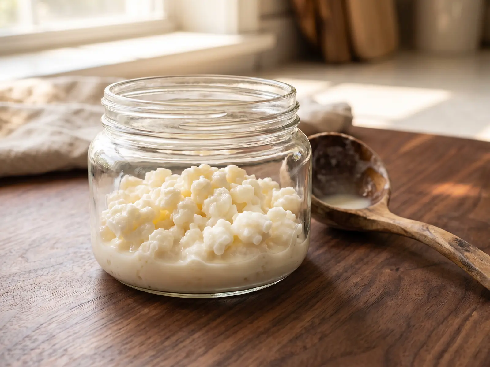 Grains de k&eacute;fir de lait dans un bocal sur bois sombre, avec une louche en bois et une lumi&egrave;re douce.