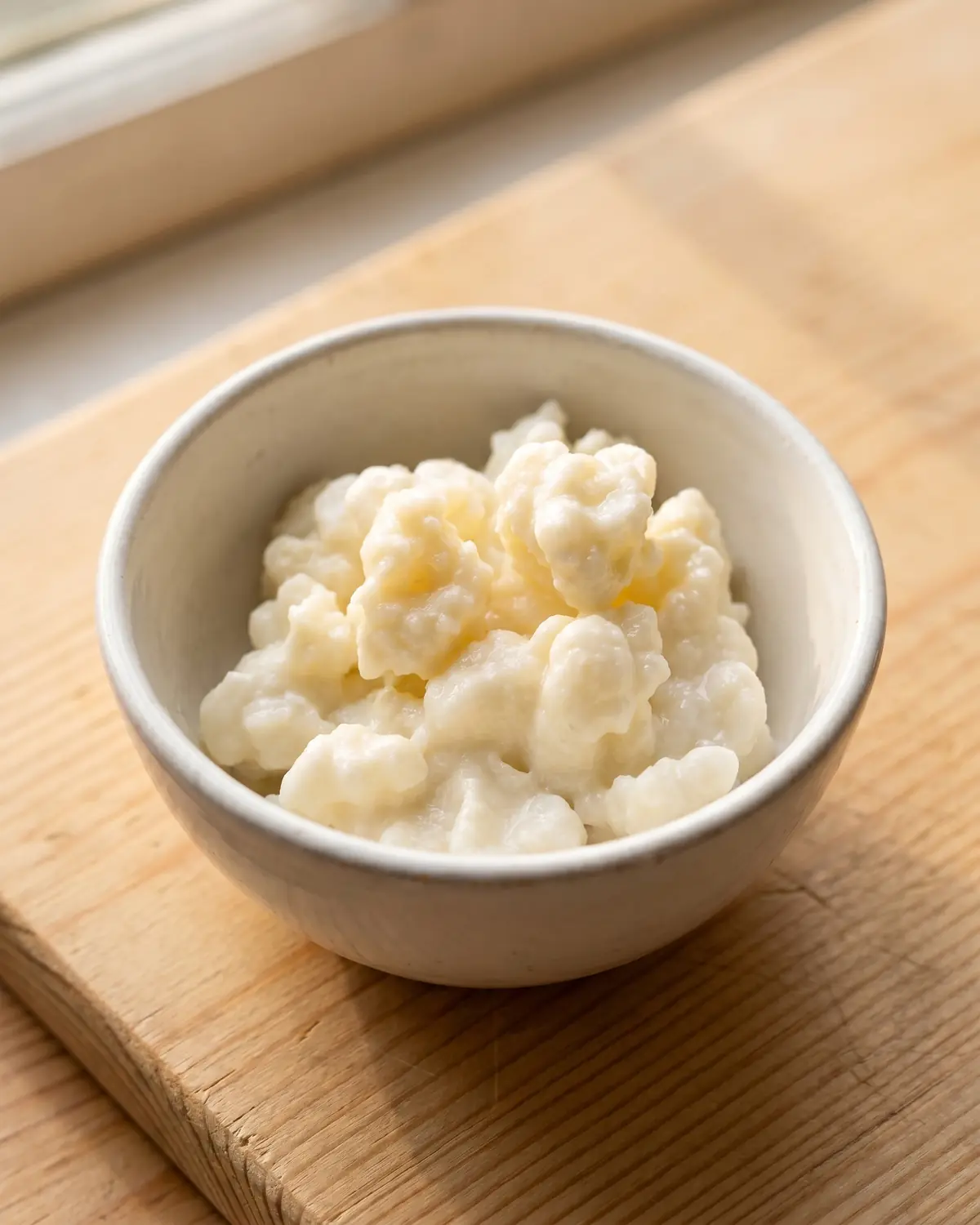 Gros plan de grains de k&eacute;fir de lait dans un bol blanc, avec une texture irr&eacute;guli&egrave;re et cr&eacute;meuse.