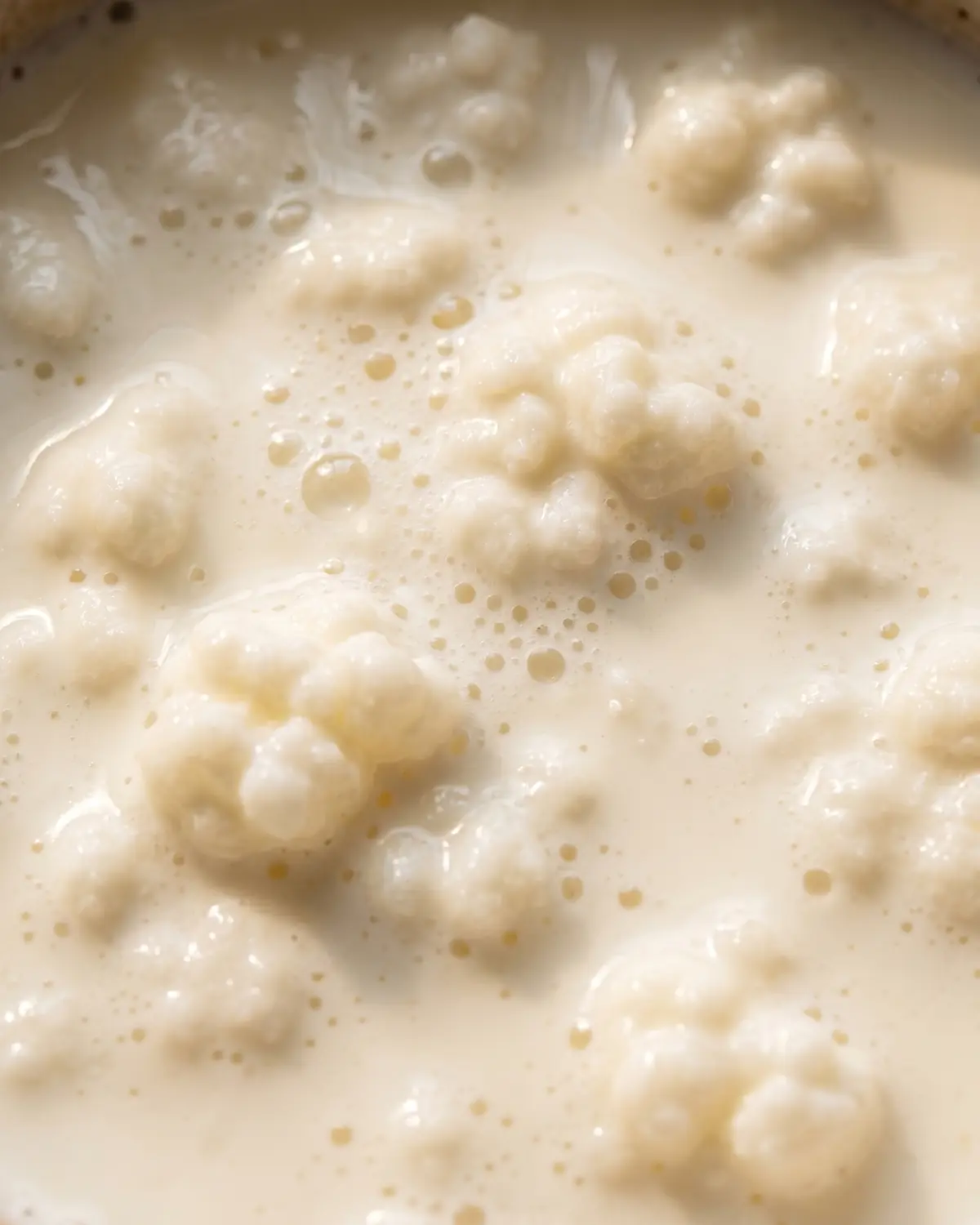 Gros plan sur la surface d&rsquo;un k&eacute;fir de lait cr&eacute;meux, avec de fines bulles visibles sous une lumi&egrave;re douce.