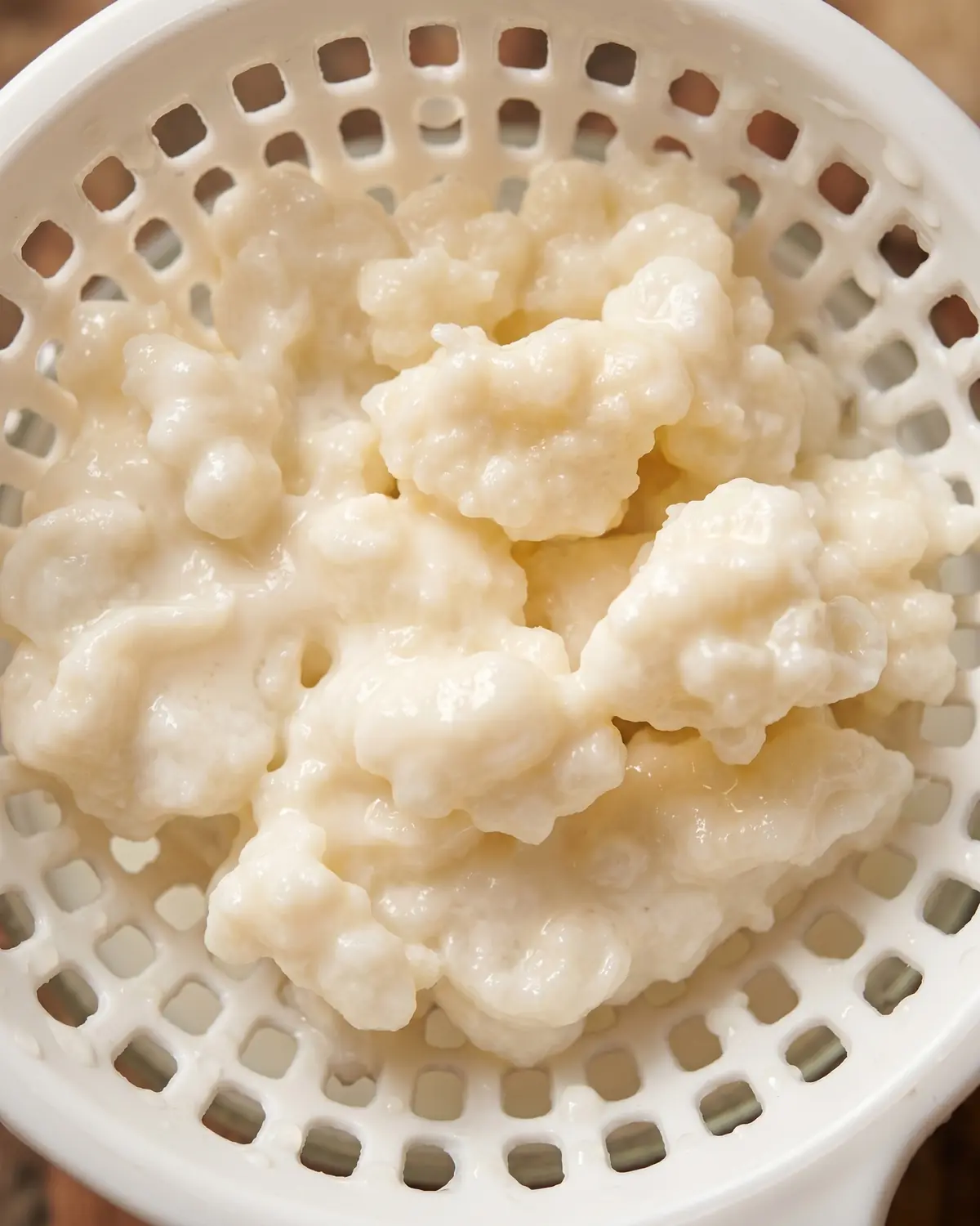définition kéfir Macro de grains de kéfir blanc crème dans une passoire, avec des gouttes épaisses entre les reliefs.