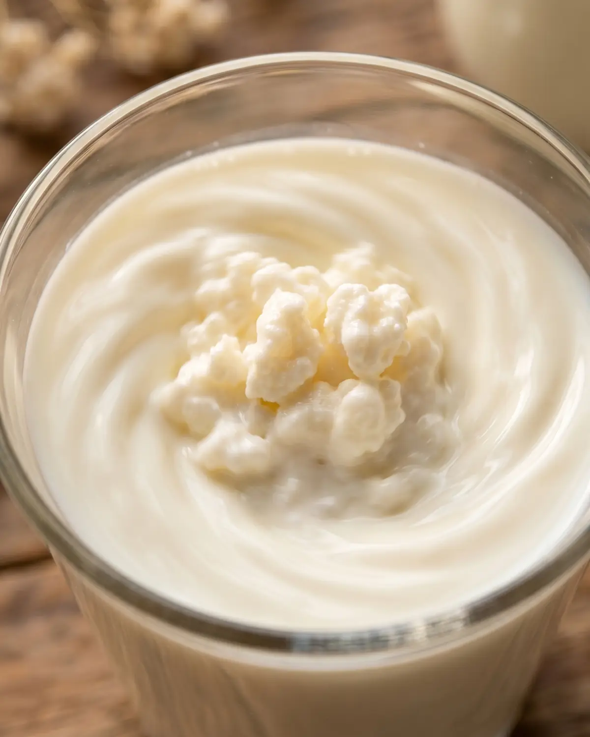 kefir proteines Gros plan de grains de kéfir irréguliers tournant dans du lait frais, avec un tourbillon crémeux.