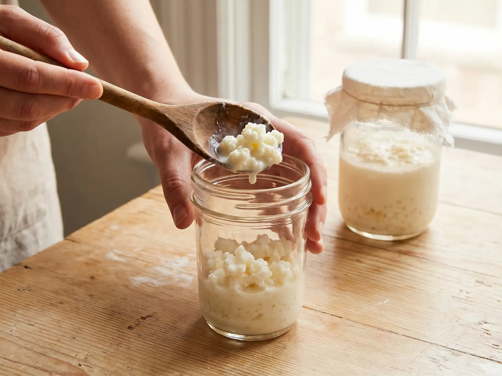 Main ajoutant des grains de k&eacute;fir de lait dans un bocal avec une cuill&egrave;re en bois sur du pin clair
