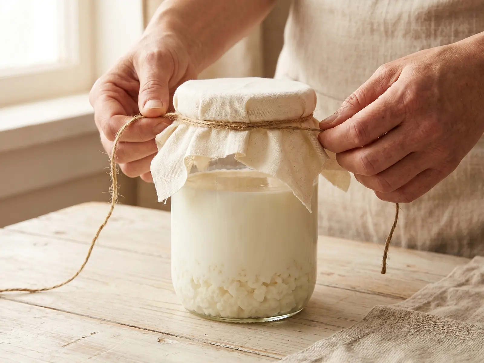 définition kéfir Main nouant une toile de coton sur un bocal de kéfir de lait posé sur une table claire.