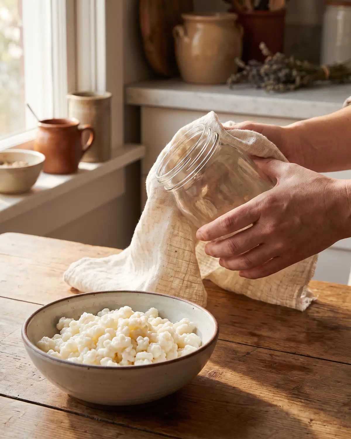 Main essuyant un bocal de k&eacute;fir avec un linge brut, pr&egrave;s d&rsquo;un bol de grains pr&ecirc;ts &agrave; servir.