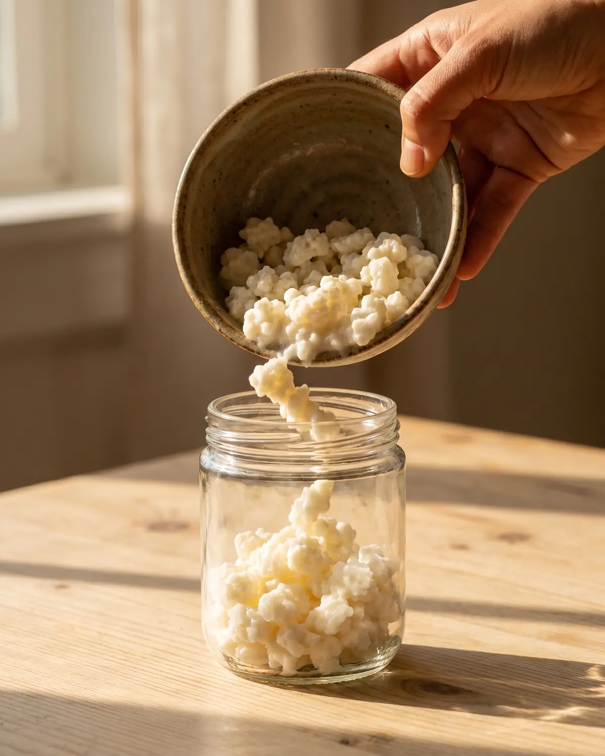 kefir benefices Une main verse des grains de kéfir depuis un bol en céramique vers un bocal sur une table claire.