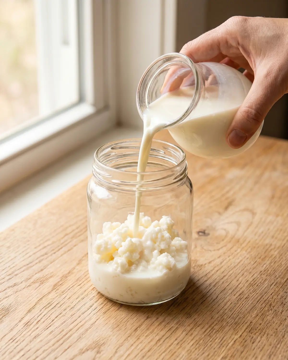 orisae kefir Main versant du lait frais sur des grains de kéfir placés dans un bocal en verre prêt à fermenter.