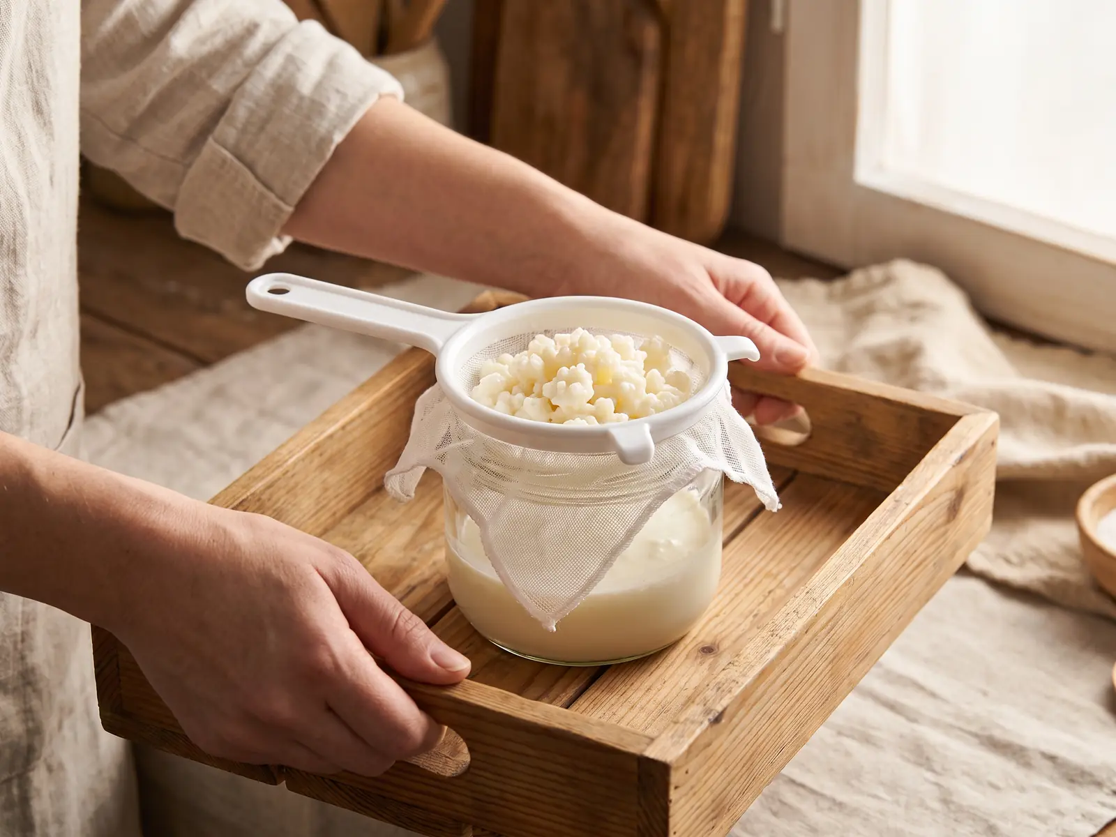 ferment lactique danger Deux mains portent un plateau avec un bocal, une passoire blanche et des grains de kéfir égouttés.