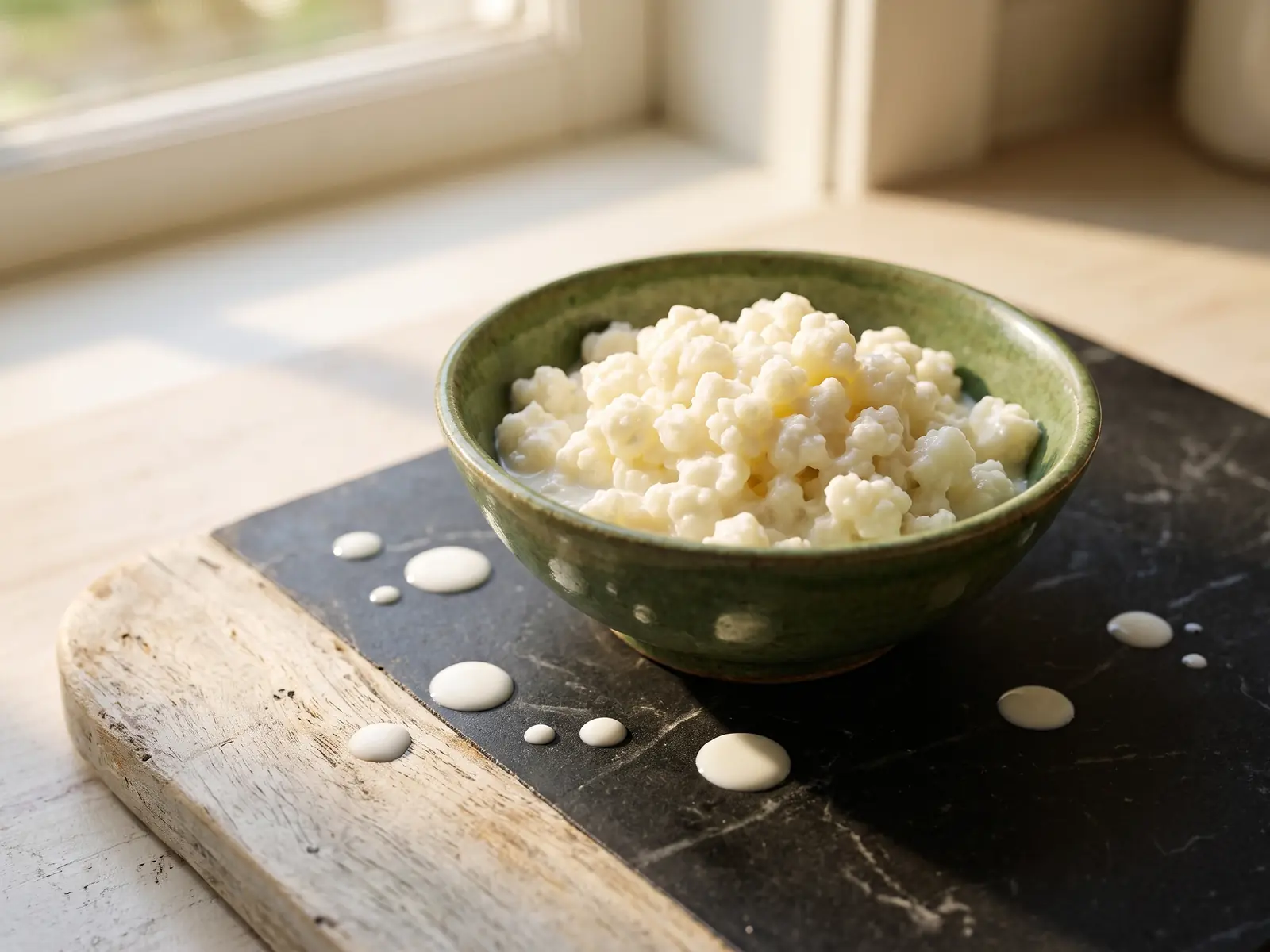 Grains de k&eacute;fir de lait dans un bol vert sur marbre noir, avec gouttes de lait et bois clair autour.