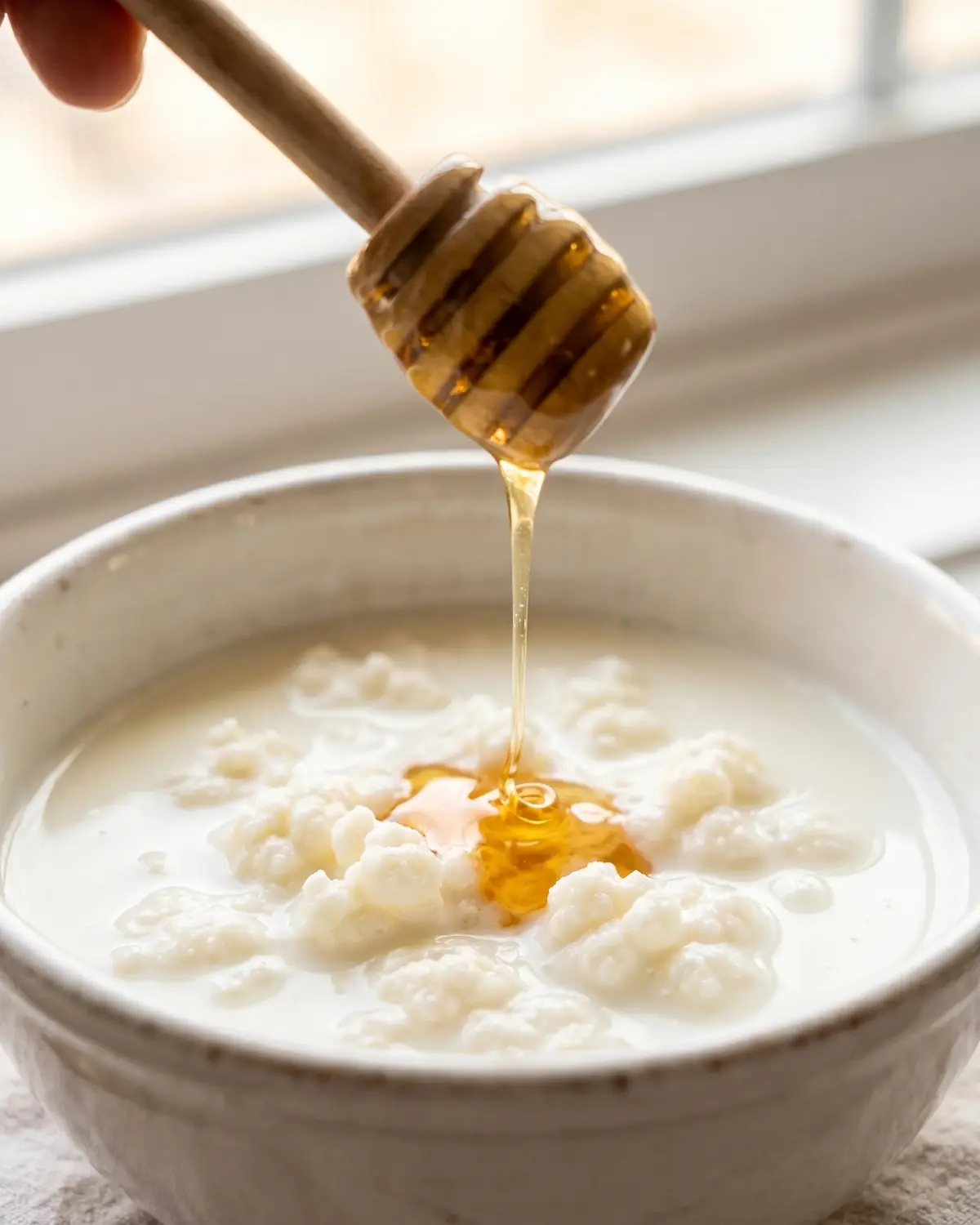 Filet de miel vers&eacute; sur un bol blanc de k&eacute;fir de lait, avec une main discr&egrave;te hors visage.