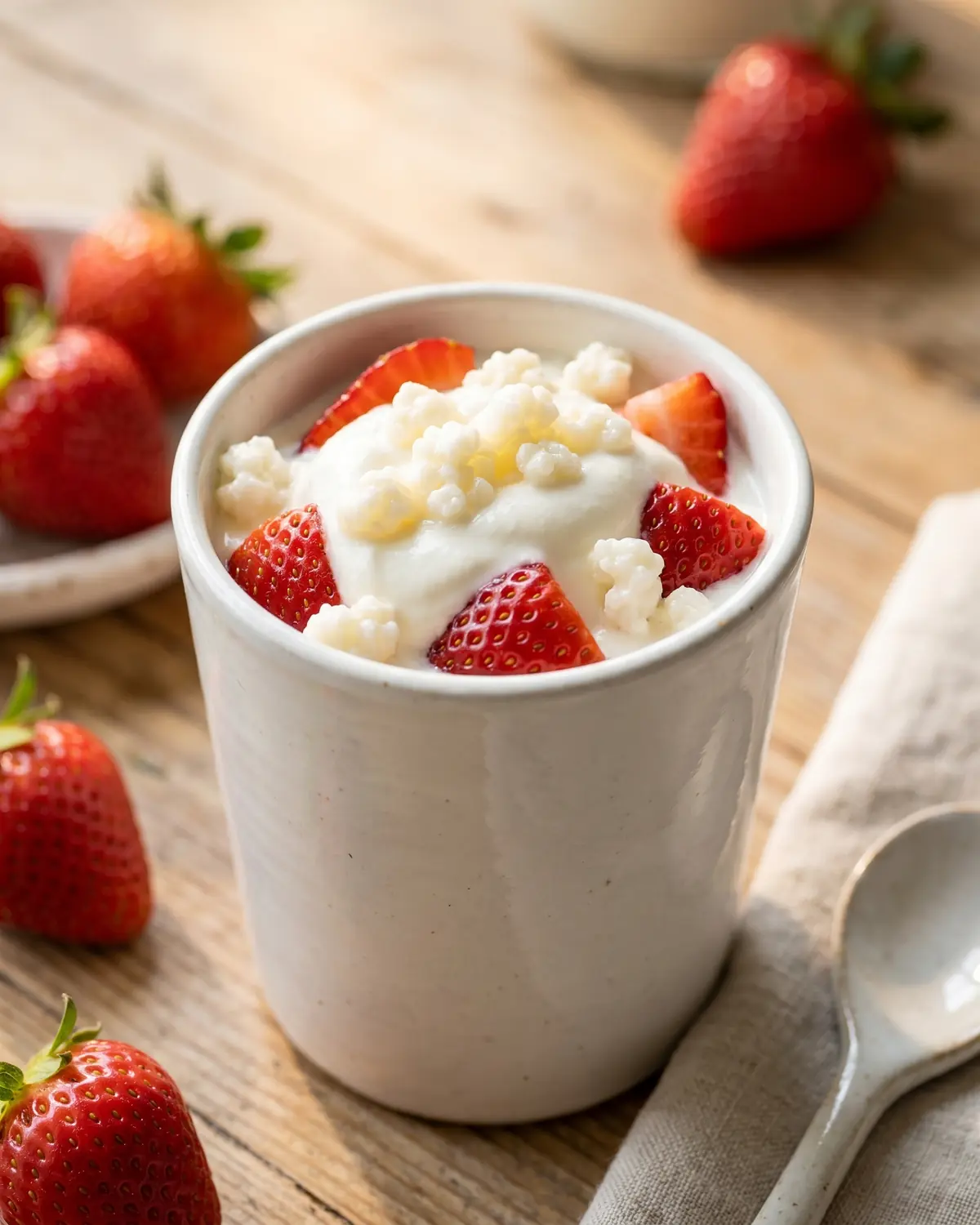 kéfir quantité par jour Verre en céramique rempli de kéfir de lait mixé avec des fraises, graines visibles et lumière d’été.