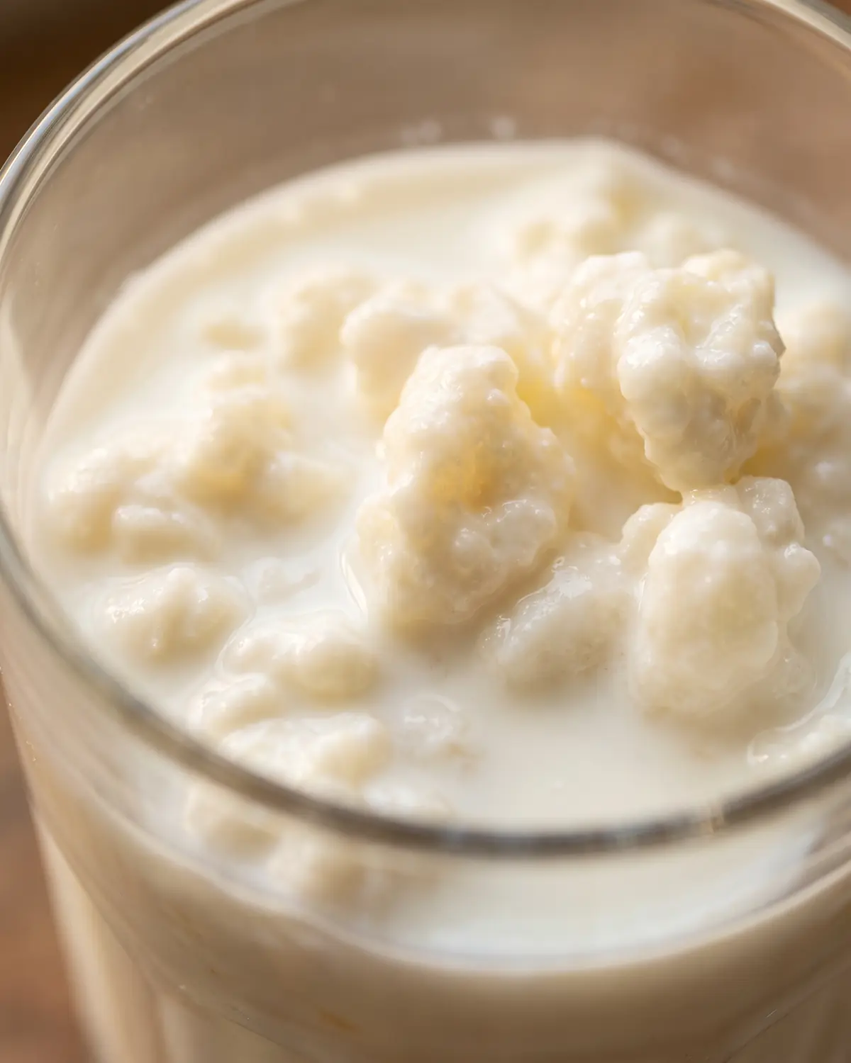 Gros plan de grains fra&icirc;chement plong&eacute;s dans le lait, envelopp&eacute;s de nuages blancs dans un bocal.