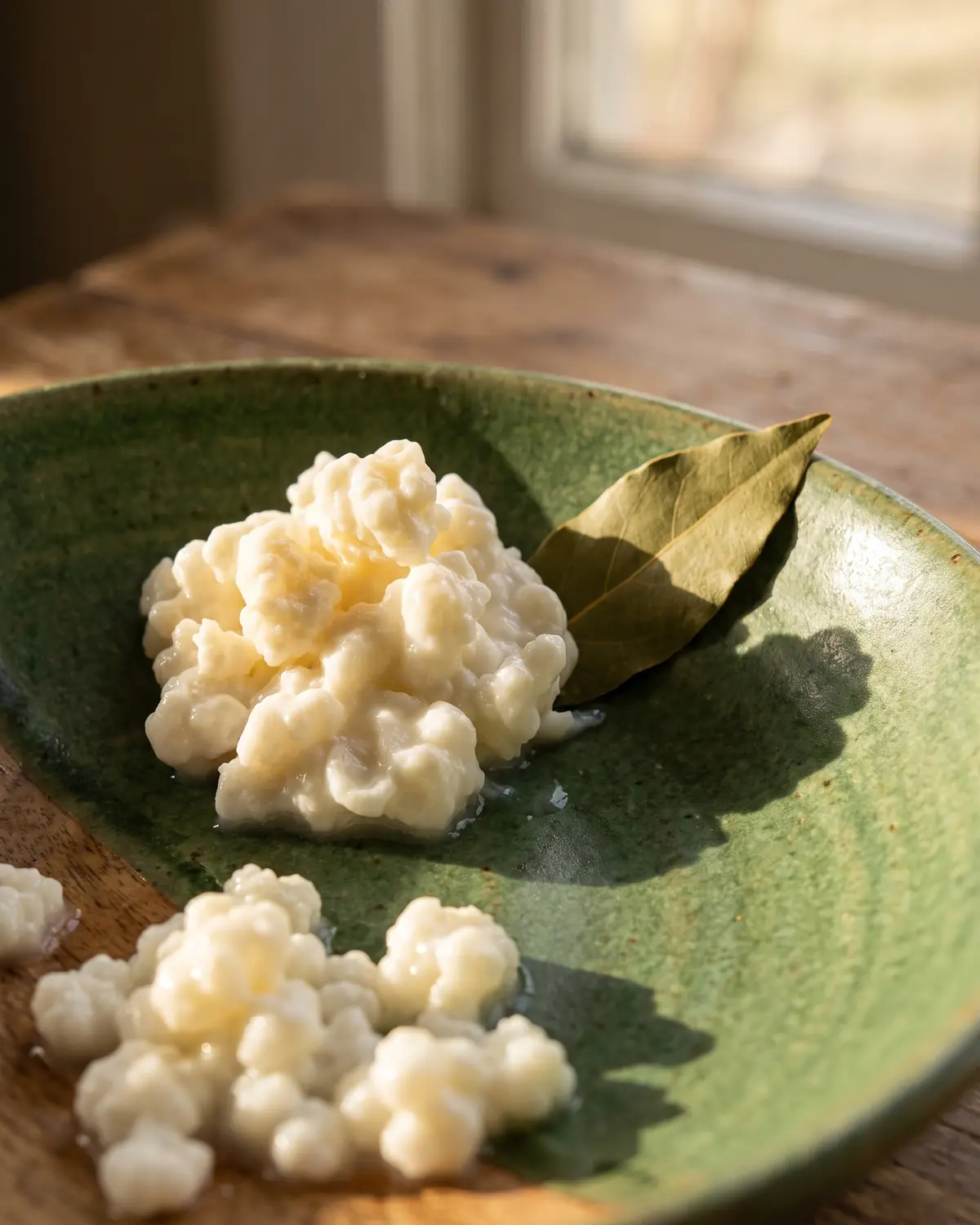 Grains de k&eacute;fir humides empil&eacute;s dans un bol vert, sous l&rsquo;ombre d&eacute;licate d&rsquo;une feuille de laurier.