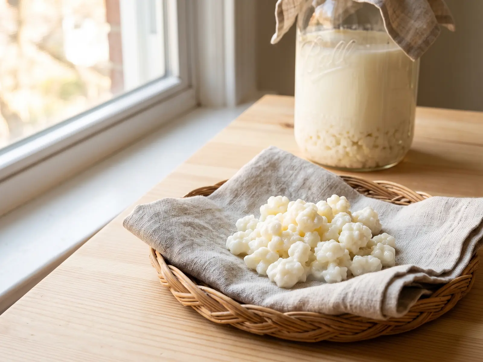 Panier en osier avec un bocal de k&eacute;fir envelopp&eacute; de lin, grains visibles pr&egrave;s d&rsquo;une fen&ecirc;tre lumineuse.