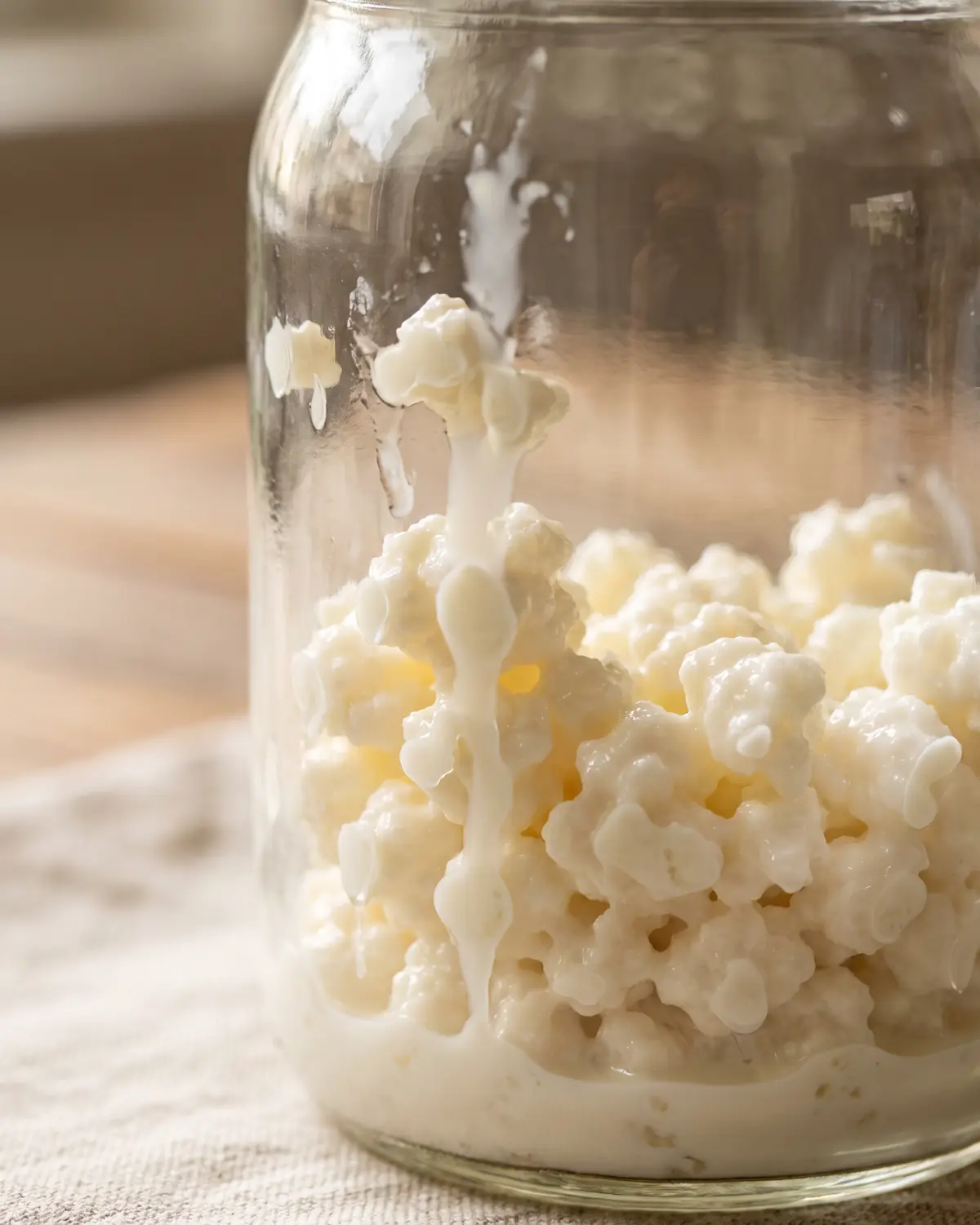 Lait frais vers&eacute; contre la paroi d&rsquo;un bocal, au contact de grains de k&eacute;fir visibles en gros plan.