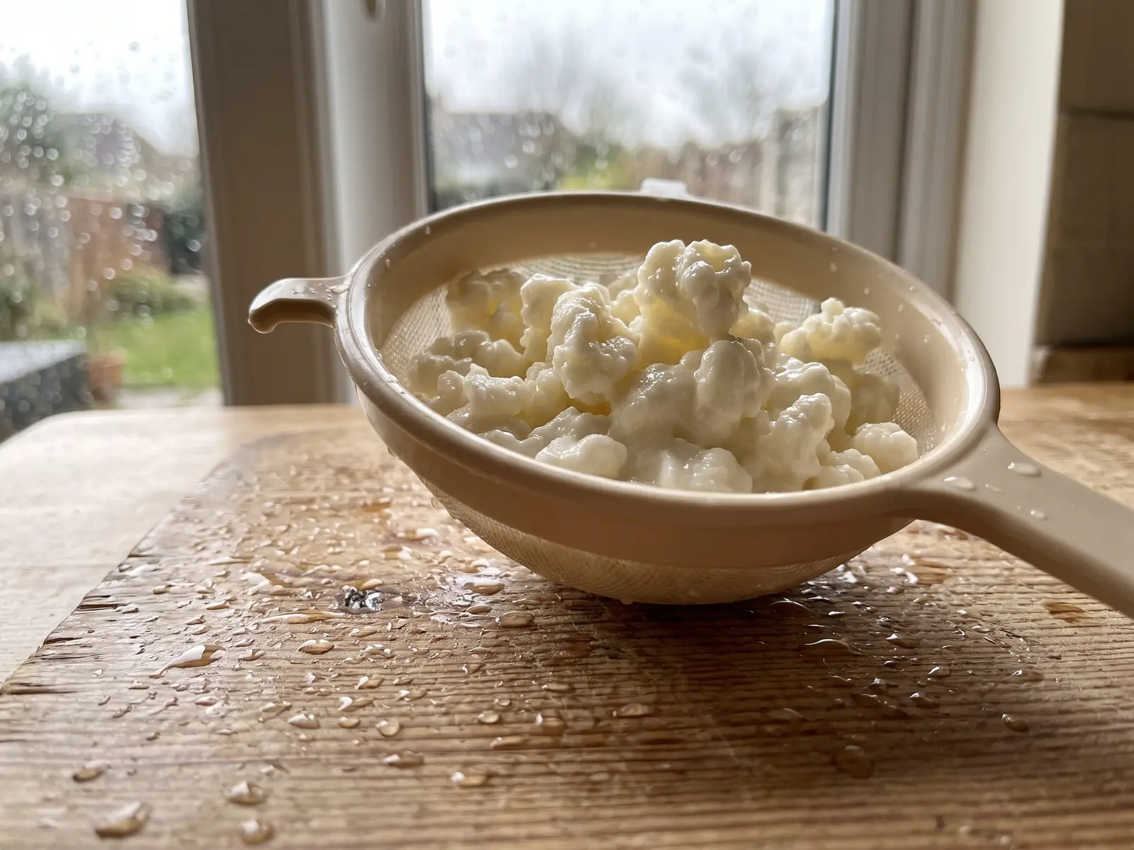 Grains de k&eacute;fir de lait fra&icirc;chement &eacute;goutt&eacute;s dans une passoire sur une table de pin humide.