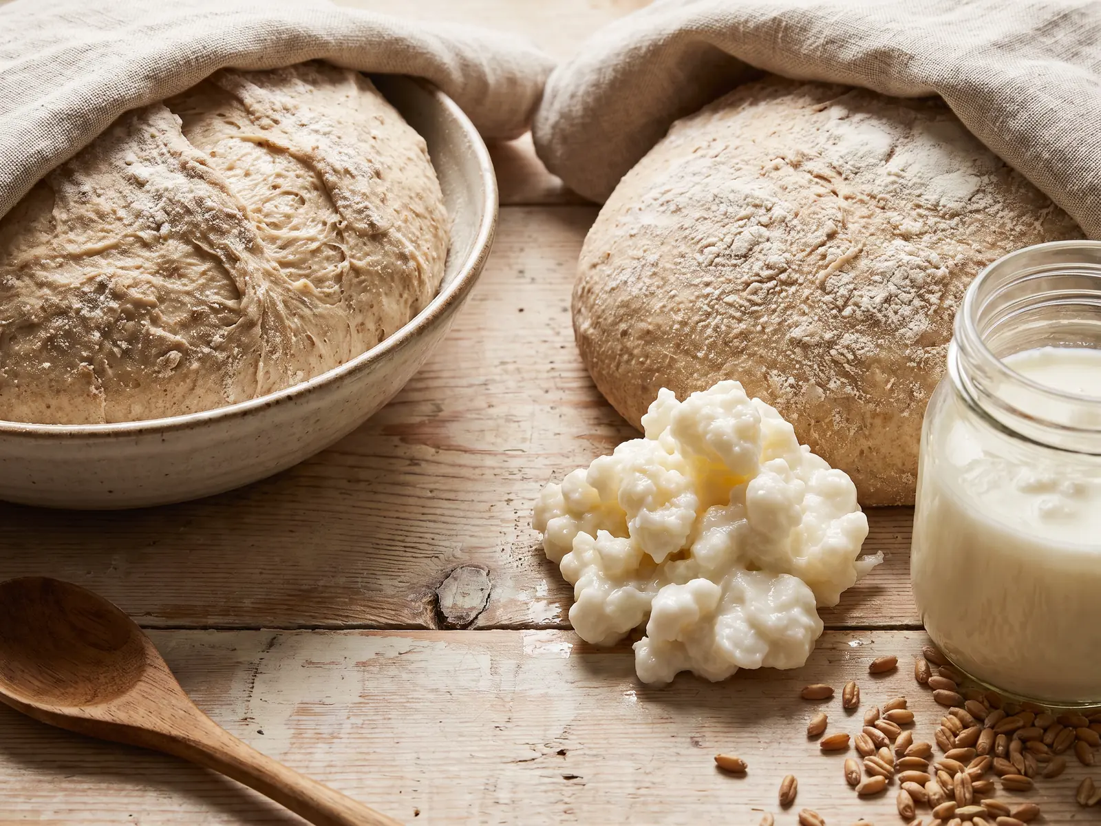 Masse rustique sur bois clair avec un bocal de k&eacute;fir de lait et des grains r&eacute;serv&eacute;s pour la recette maison.