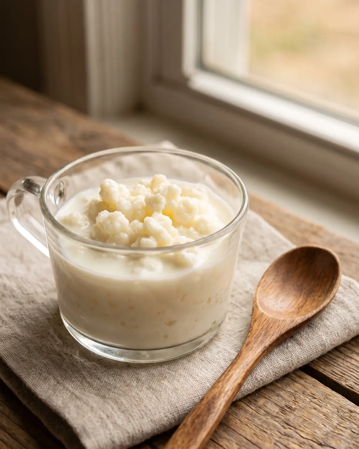 Petit verre de lait avec grains de k&eacute;fir visibles et cuill&egrave;re en bois pos&eacute;e &agrave; c&ocirc;t&eacute;.