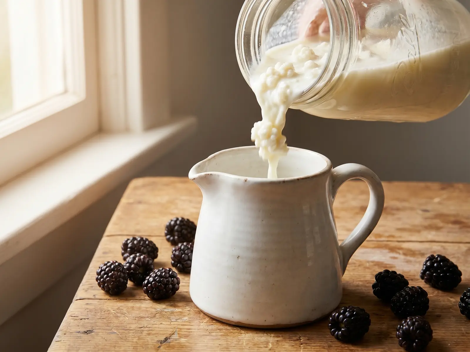 K&eacute;fir de lait servi dans une jarre blanche, entour&eacute; de m&ucirc;res fra&icirc;ches pr&egrave;s d&rsquo;une fen&ecirc;tre lumineuse.