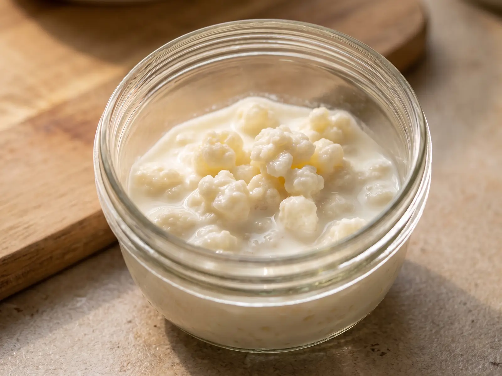 Bocal de lait fra&icirc;chement rempli avec des grains irr&eacute;guliers et des volutes blanches sur une plan de travail neutre