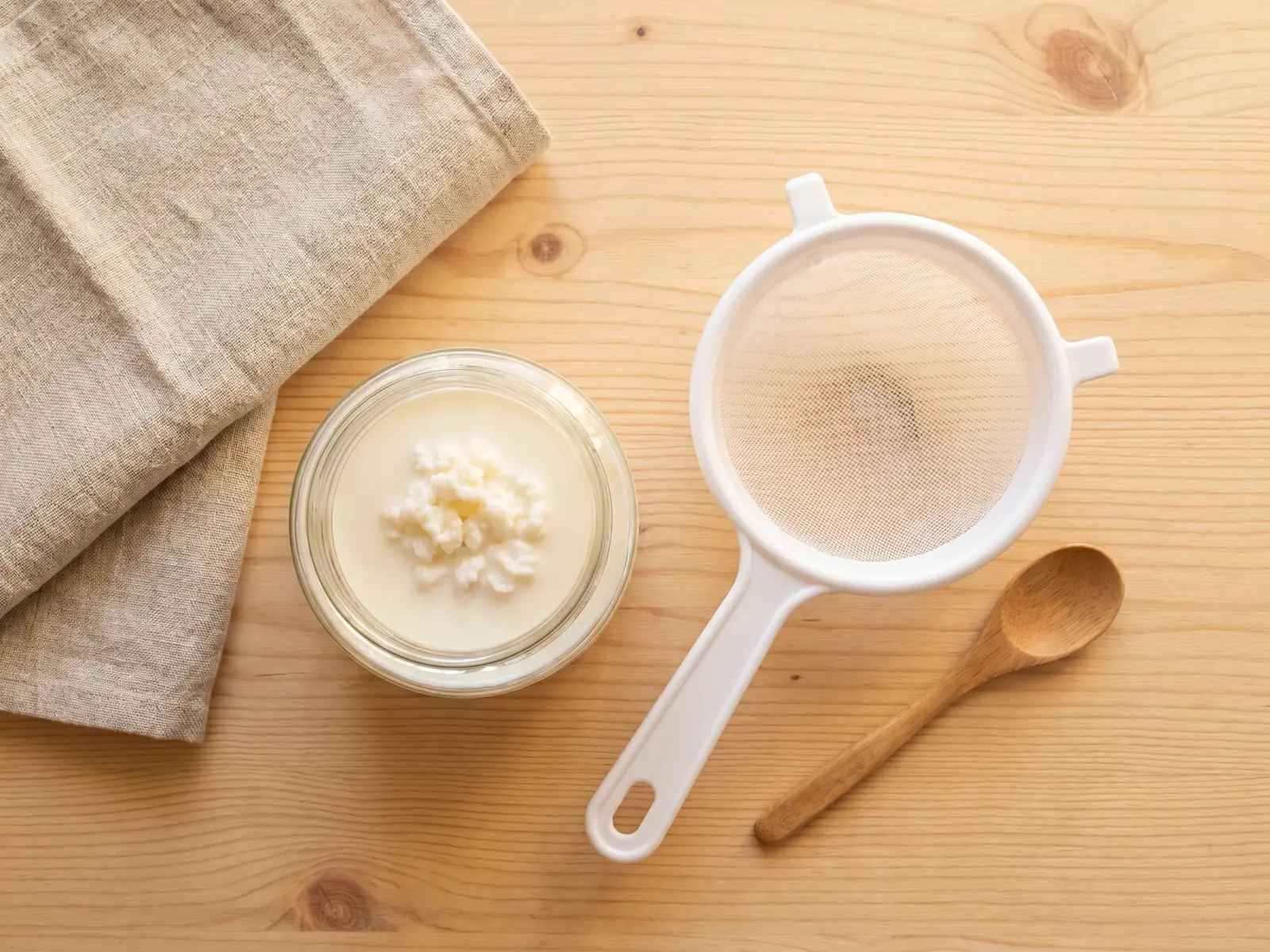 boire du lait fermenté le soir Bocal de kéfir de lait sur un plan de travail avec passoire blanche, cuillère en bois et linge en lin.