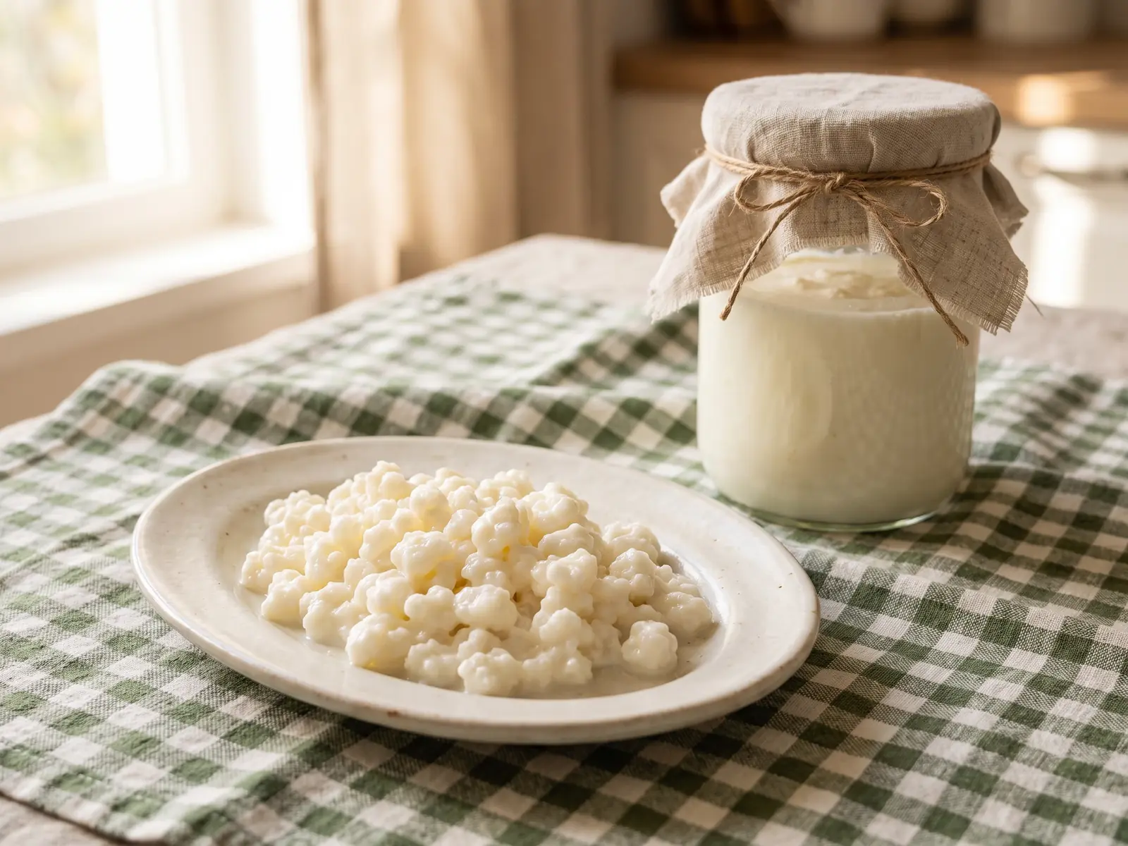 Grains de k&eacute;fir de lait dans un plat ovale, avec un bocal couvert de lin sur une nappe verte.