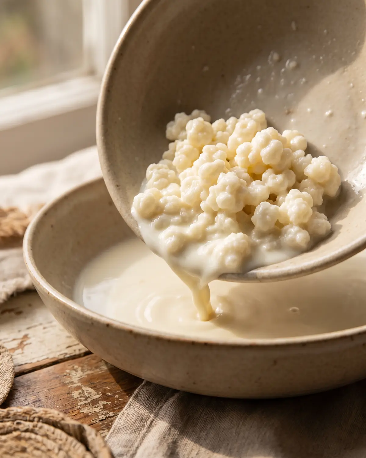 Grains de k&eacute;fir pos&eacute;s au bord d&rsquo;un bol beige, avec du lait qui s&rsquo;&eacute;coule lentement.