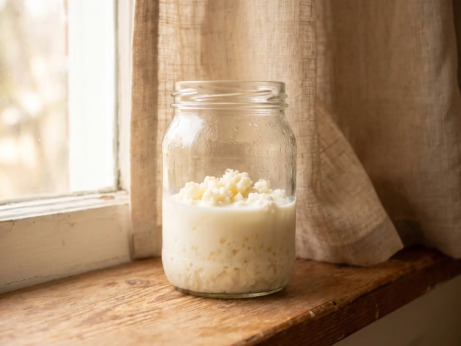 faire des grains de kefir Bocal de kéfir de lait sur un rebord de fenêtre, avec grains visibles et condensation matinale.